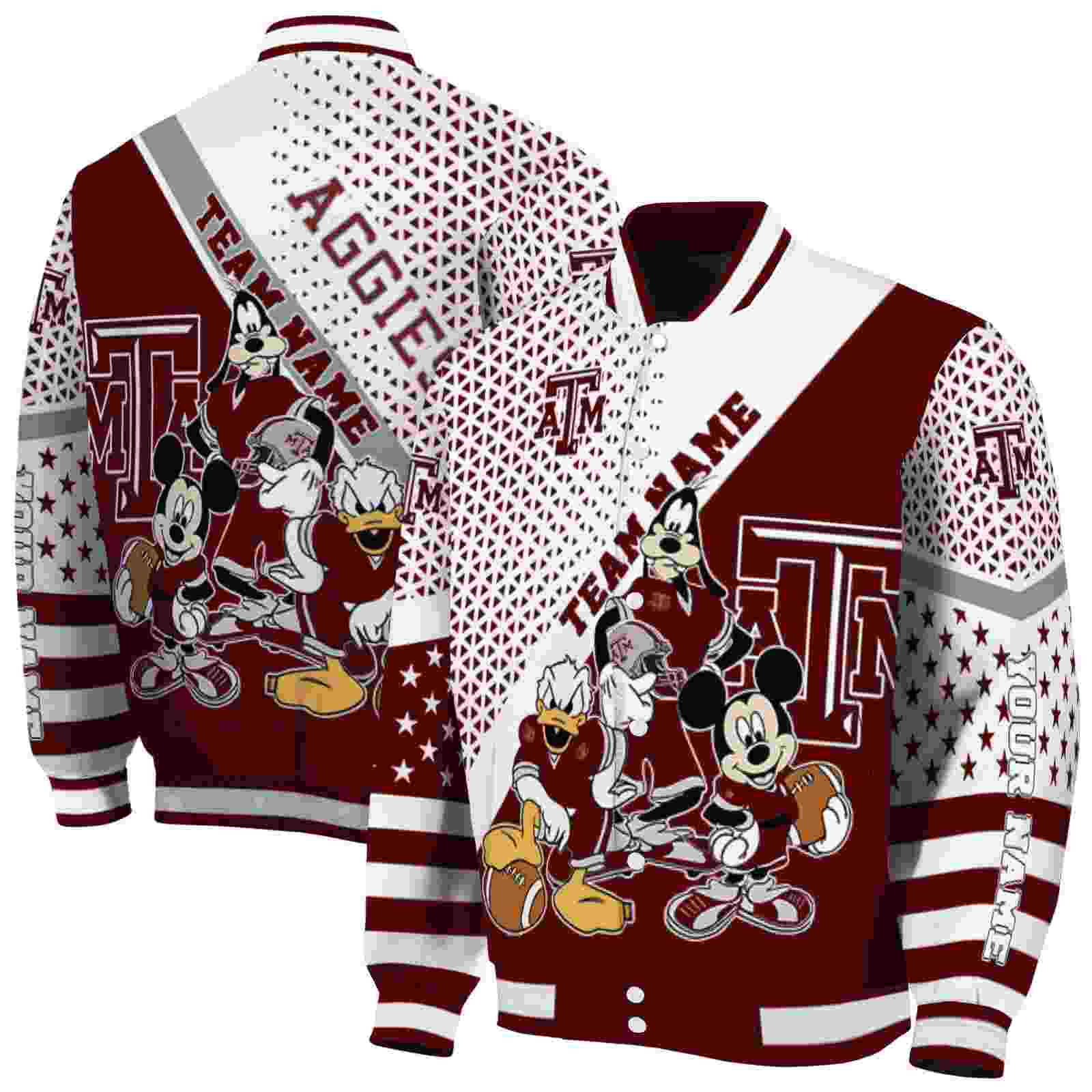NcaaCustomized Texas A&M Aggies Mickey Donald Goofy Maroon White Custom Baseball Jacket Sport Fans Gear