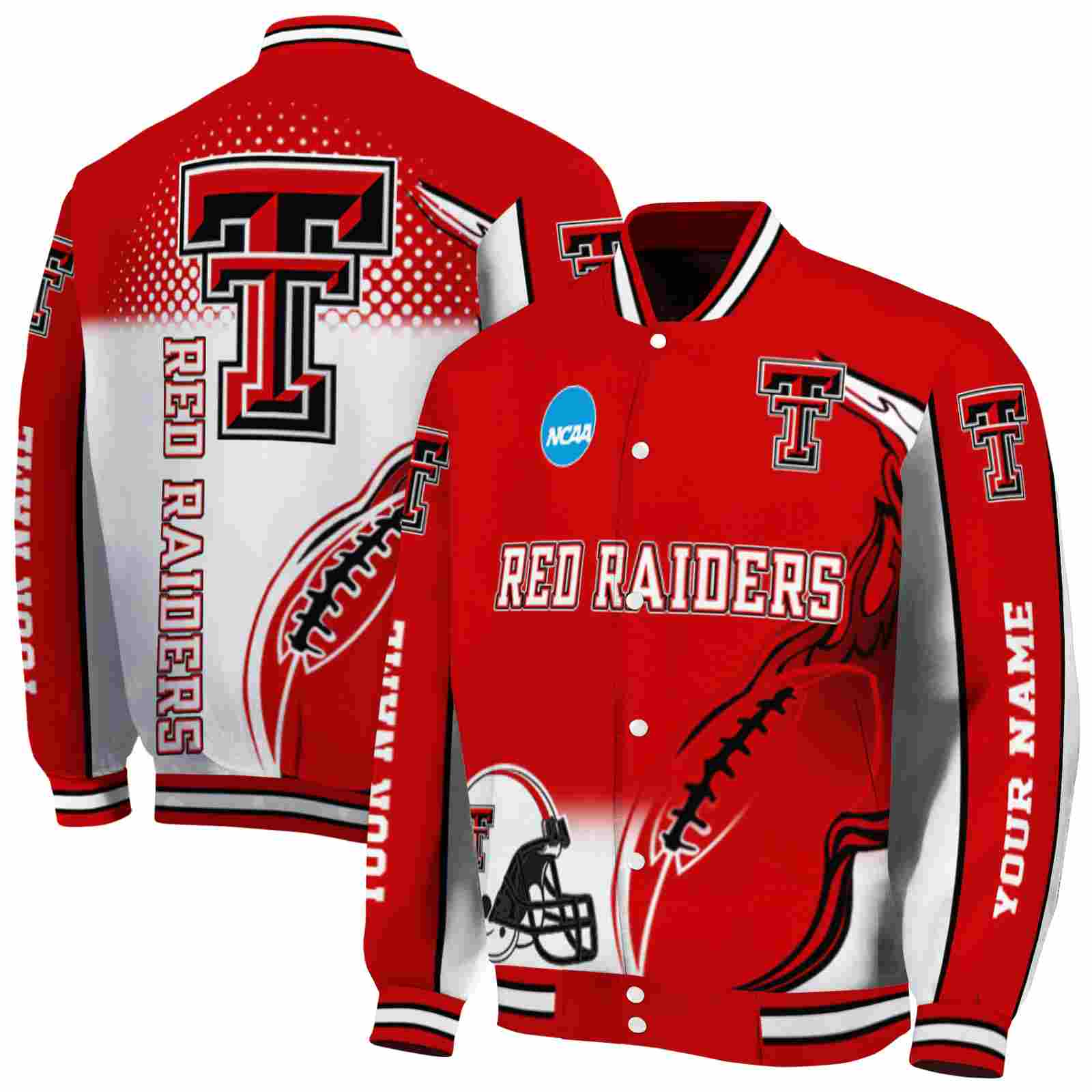 NcaaCustomized Texas Tech Red Raiders Flaming Football Red White Custom Baseball Jacket Sport Fans Gear