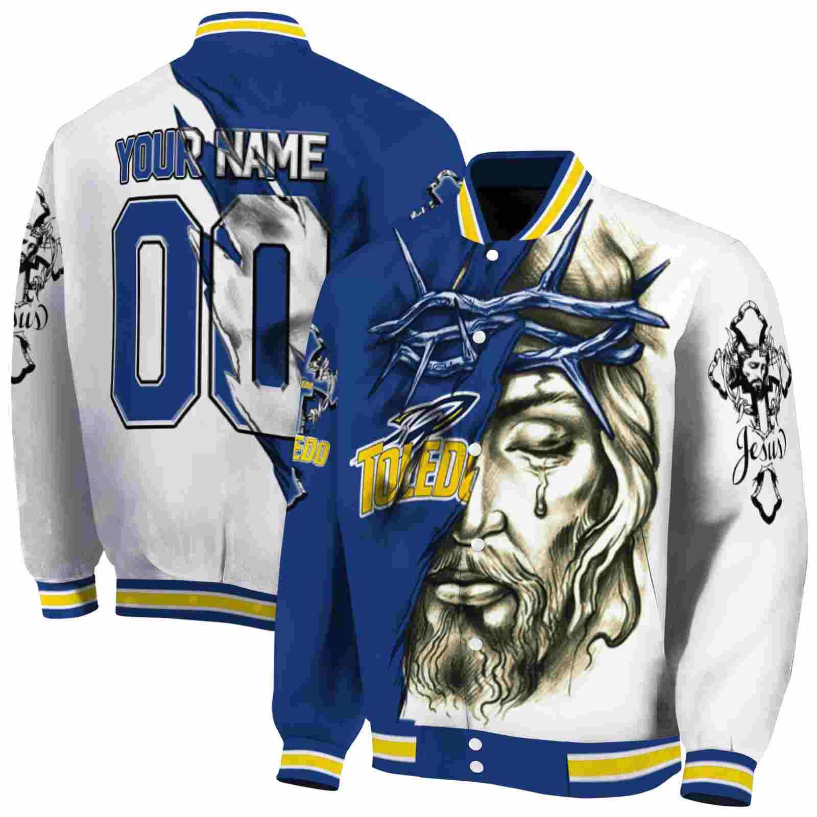 NcaaCustomized Toledo Rockets Jesus Tears Blue White Custom Baseball Jacket Sport Fans Gear