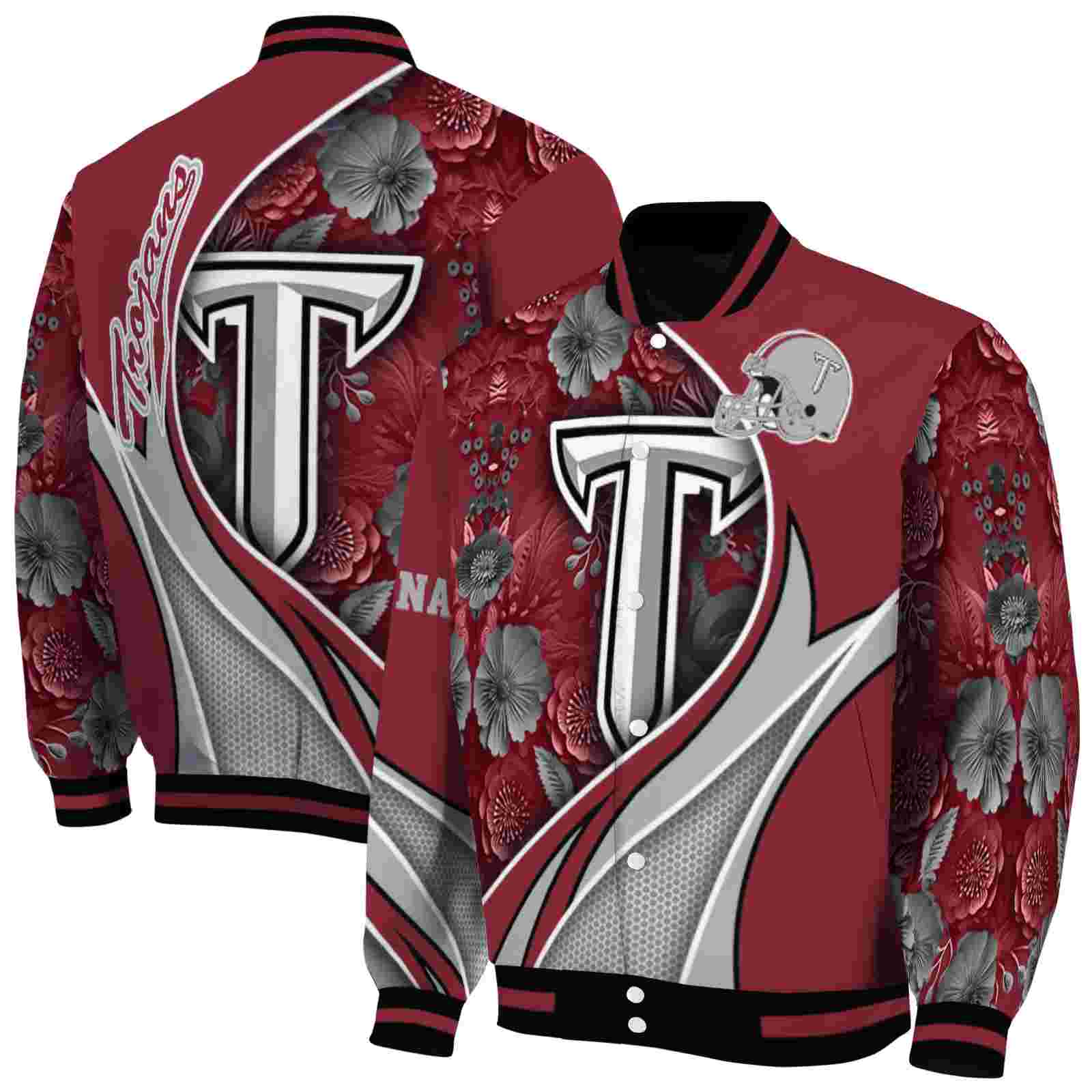 NcaaCustomized Troy Trojans Floral Print Red Custom Baseball Jacket Sport Fans Gear