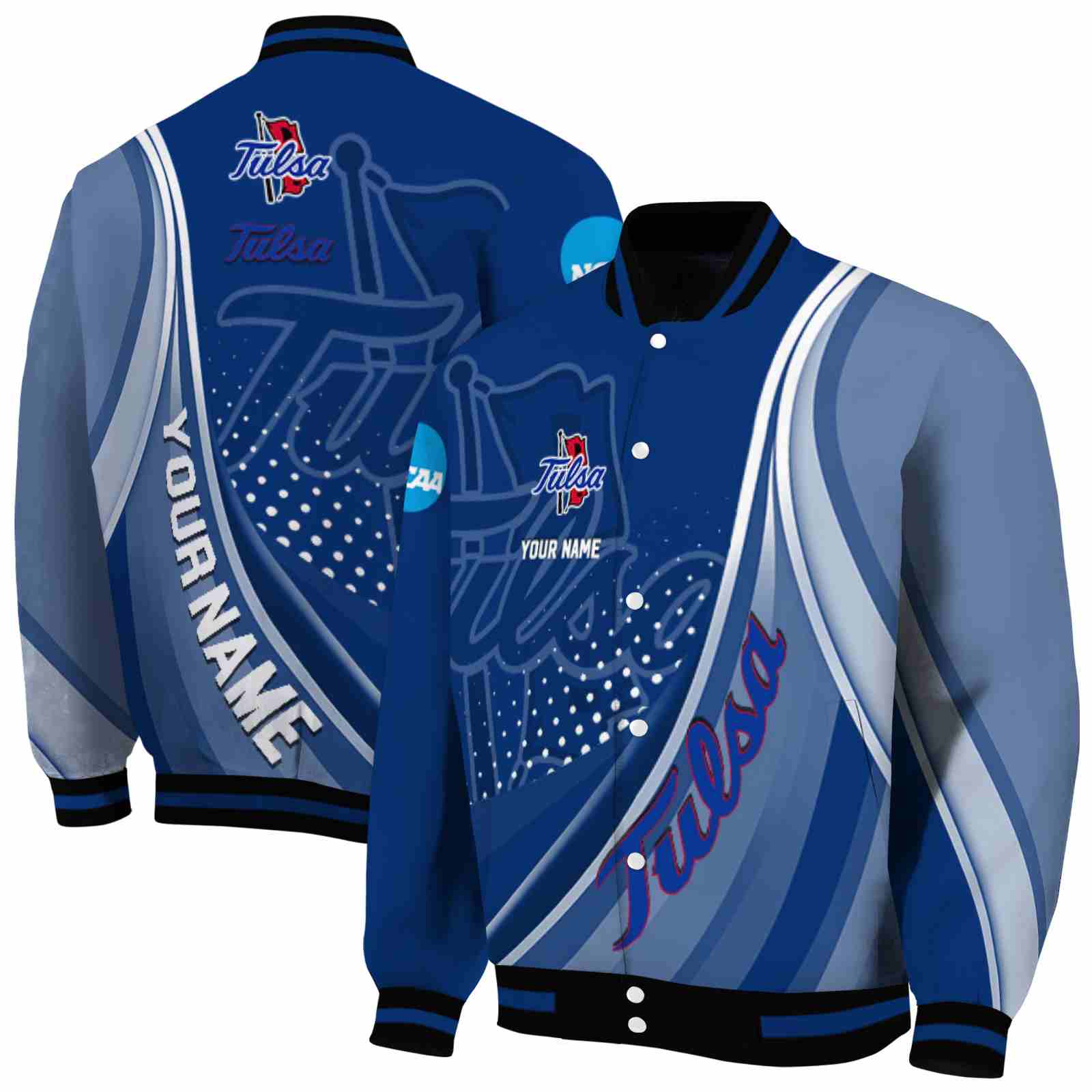 NcaaCustomized Tulsa Golden Hurricane Wave Patterns Blue Custom Baseball Jacket Sport Fans Gear