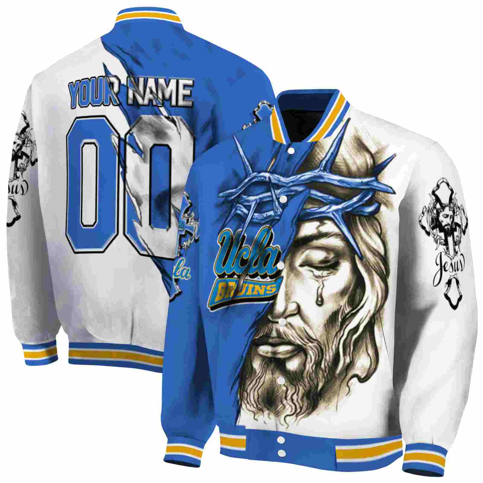 NcaaCustomized UCLA Bruins Jesus Tears Blue White Custom Baseball Jacket Sport Fans Gear