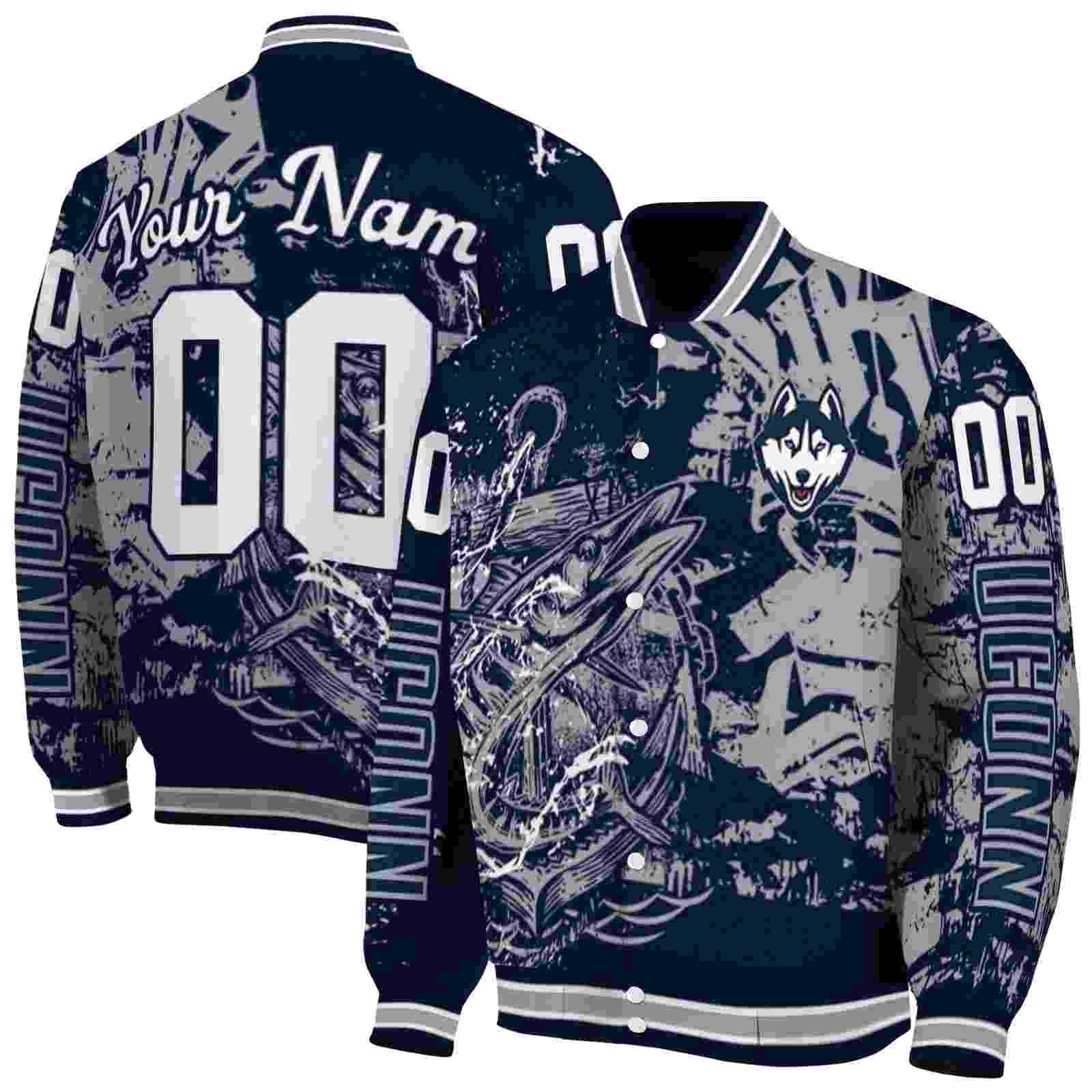 NcaaCustomized UConn Huskies Fishing Art Blue Custom Baseball Jacket Sport Fans Gear