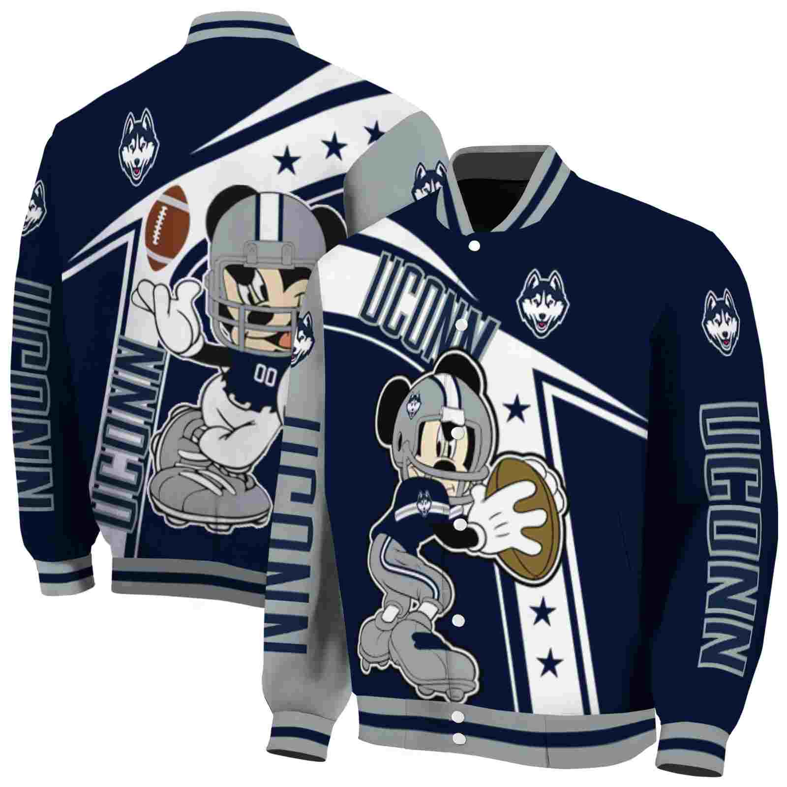 NcaaCustomized UConn Huskies Mickey Football Blue White Custom Baseball Jacket Sport Fans Gear
