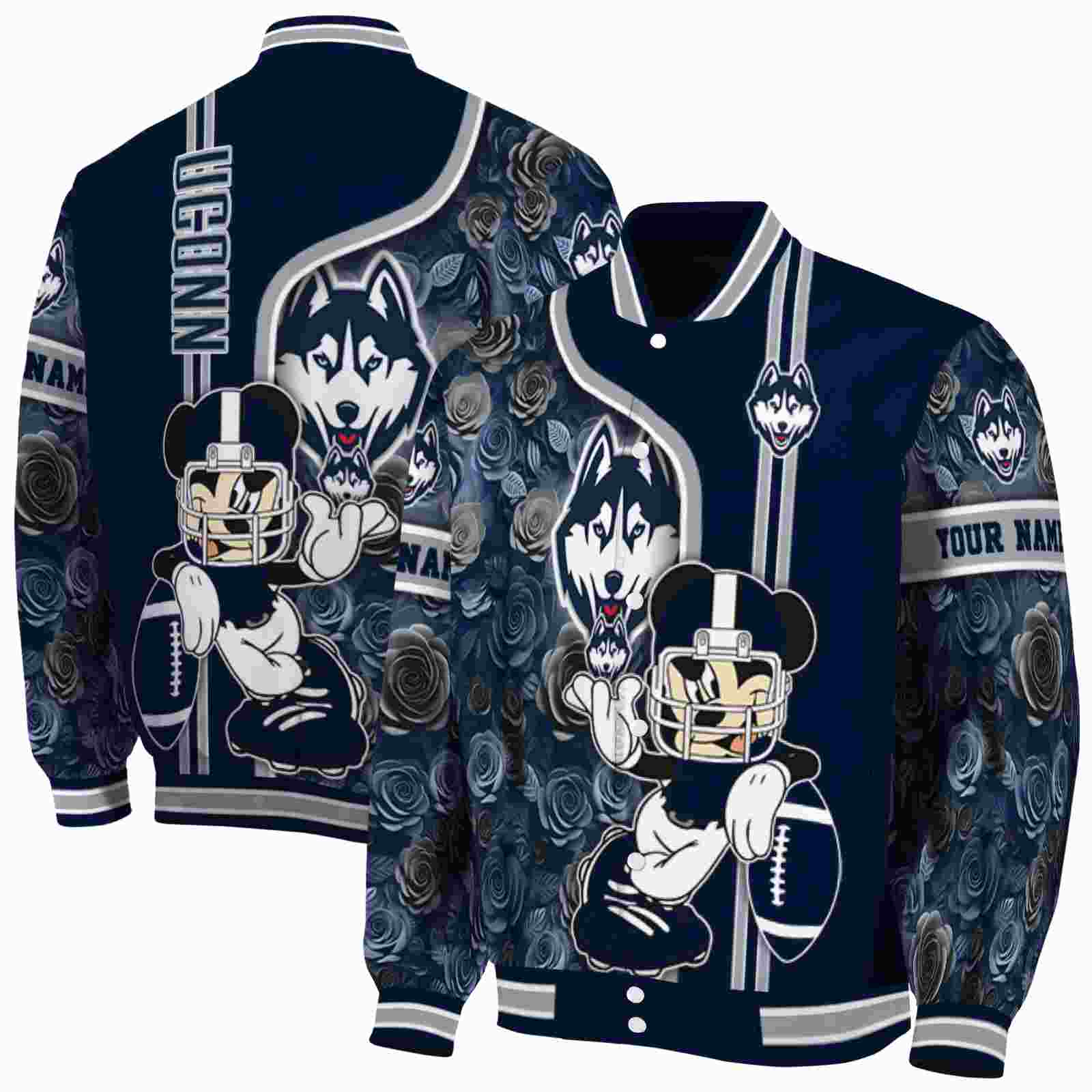 NcaaCustomized UConn Huskies Rose Mickey Blue Custom Baseball Jacket Sport Fans Gear