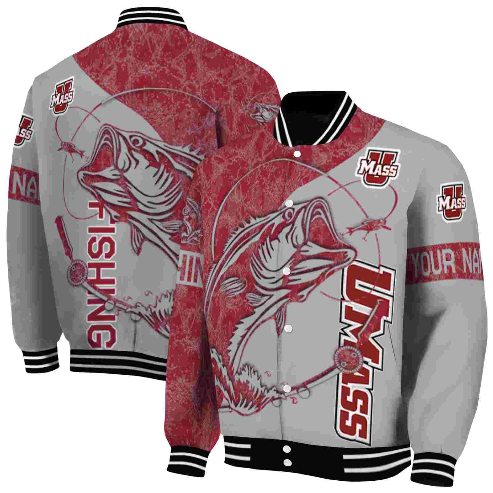 NcaaCustomized UMass Minutemen Fishing Rod Grey Custom Baseball Jacket Sport Fans Gear