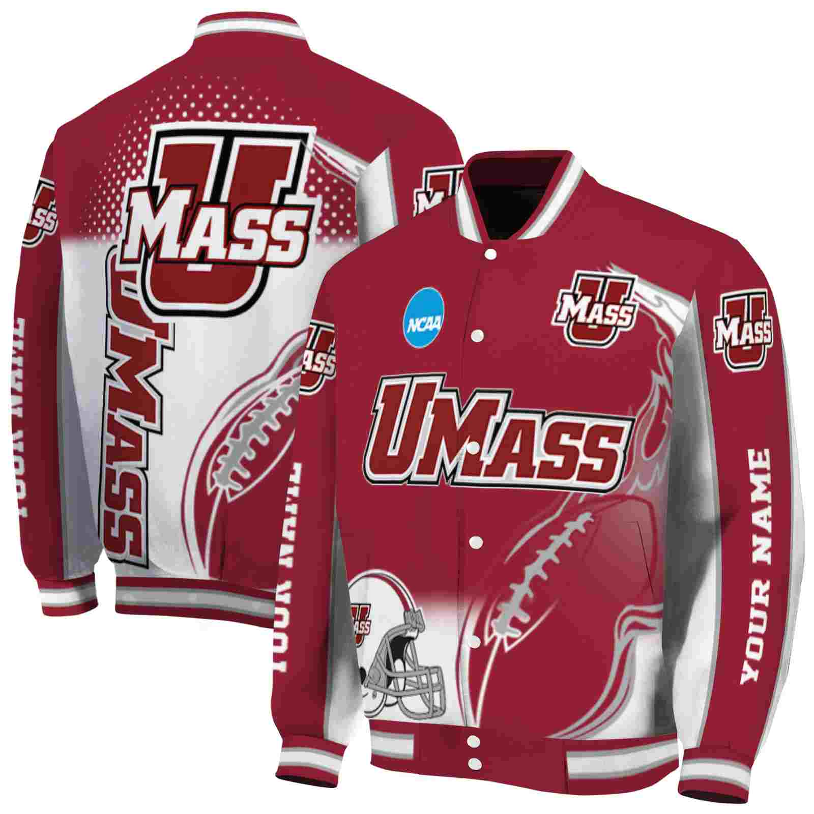 NcaaCustomized UMass Minutemen Flaming Football Red White Custom Baseball Jacket Sport Fans Gear