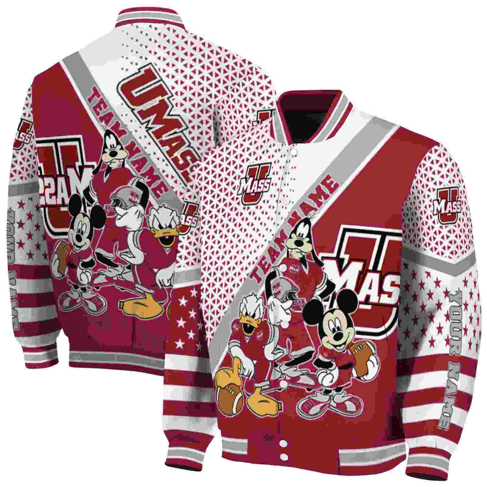 NcaaCustomized UMass Minutemen Mickey Donald Goofy Red White Custom Baseball Jacket Sport Fans Gear