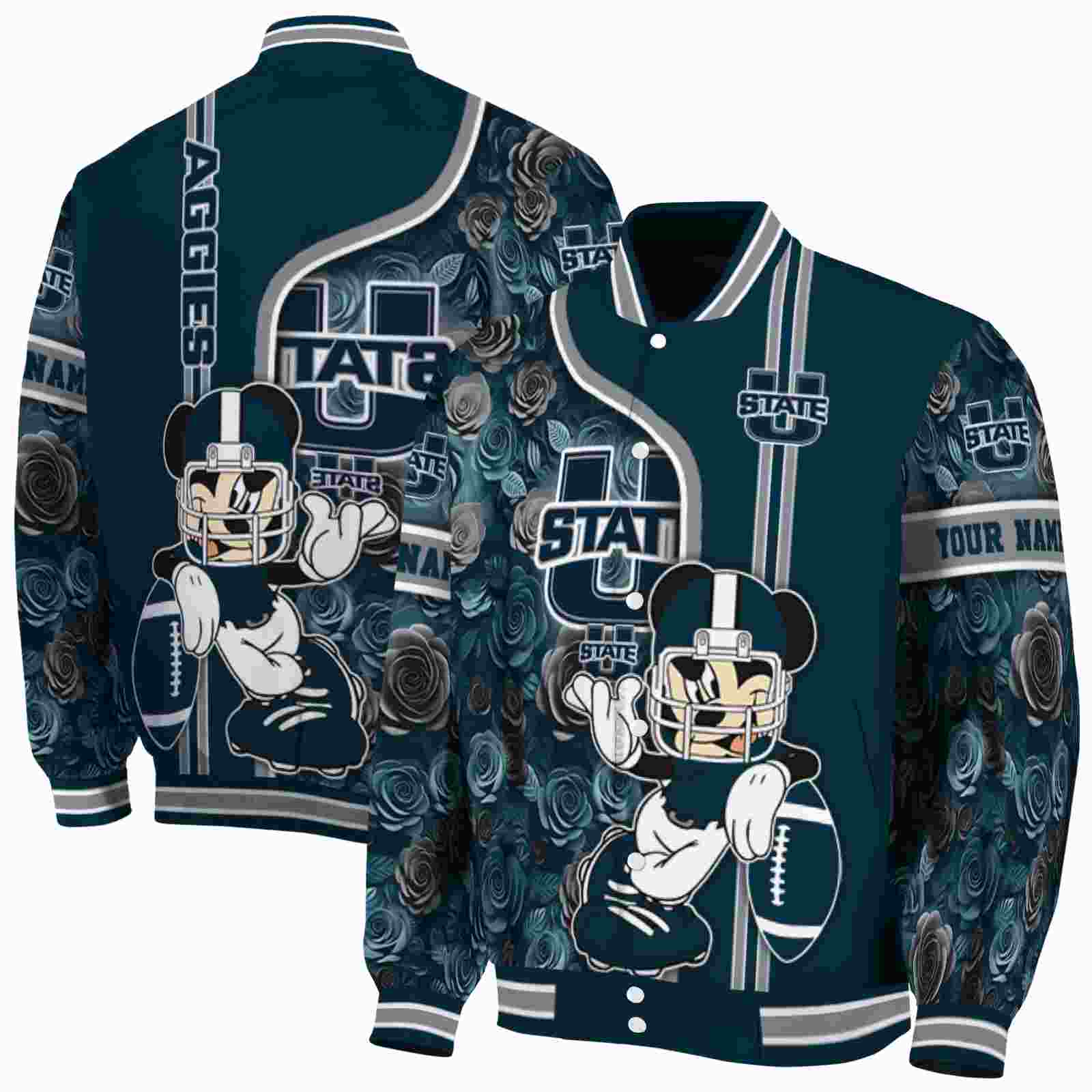 NcaaCustomized Utah State Aggies Rose Mickey Navy Custom Baseball Jacket Sport Fans Gear
