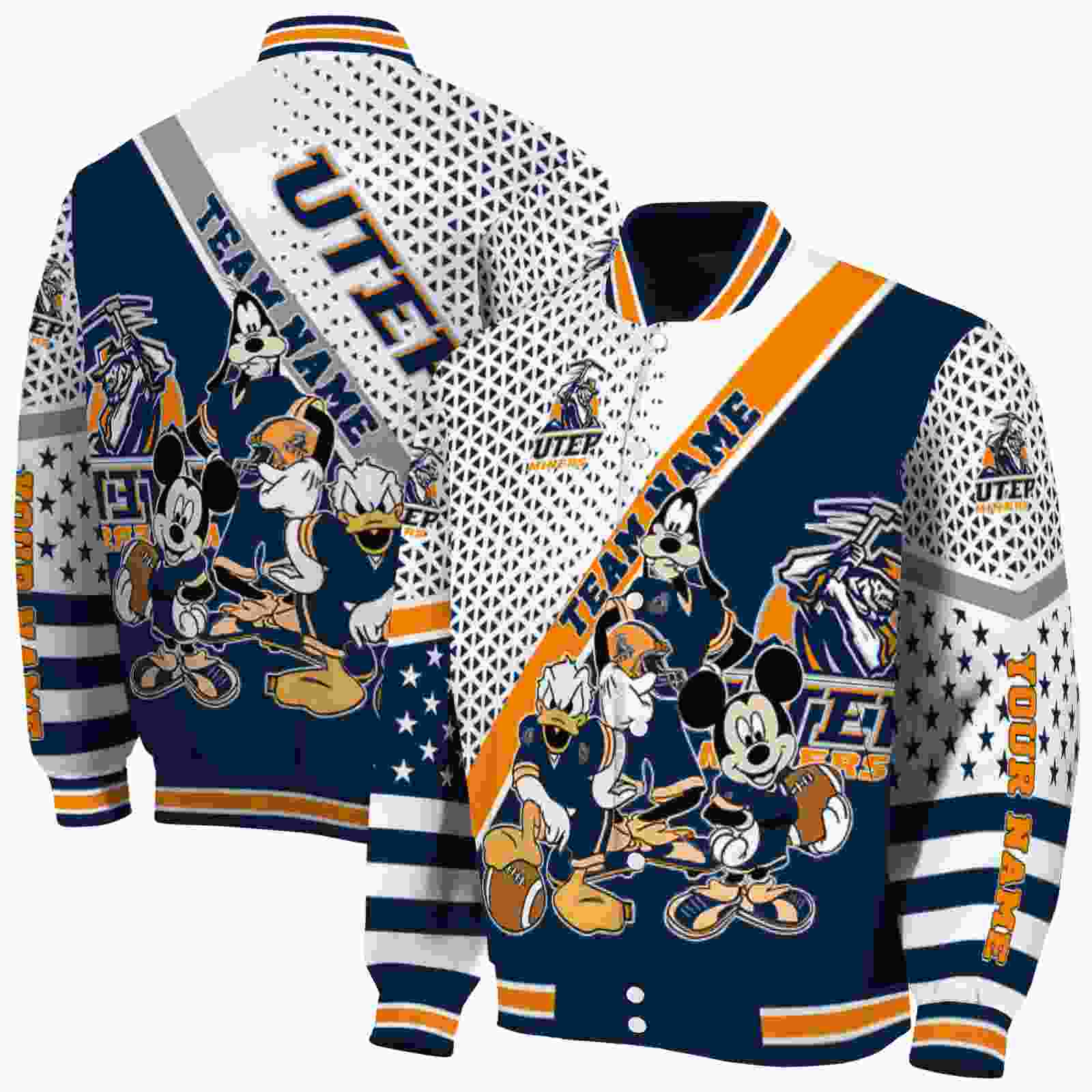 NcaaCustomized UTEP Miners Mickey Donald Goofy Blue White Custom Baseball Jacket Sport Fans Gear