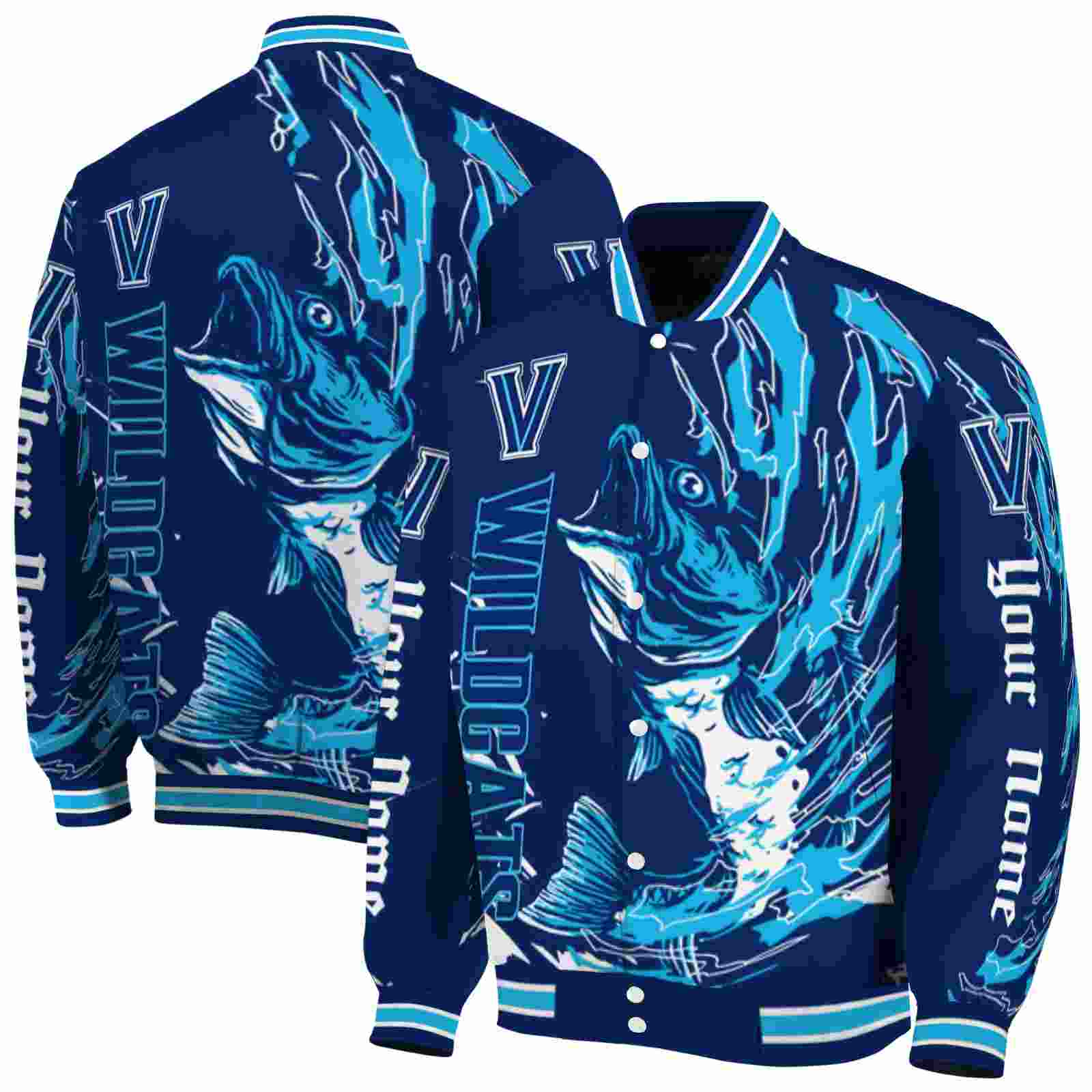 NcaaCustomized Villanova Wildcats Fishing Passion Navy White Custom Baseball Jacket Sport Fans Gear