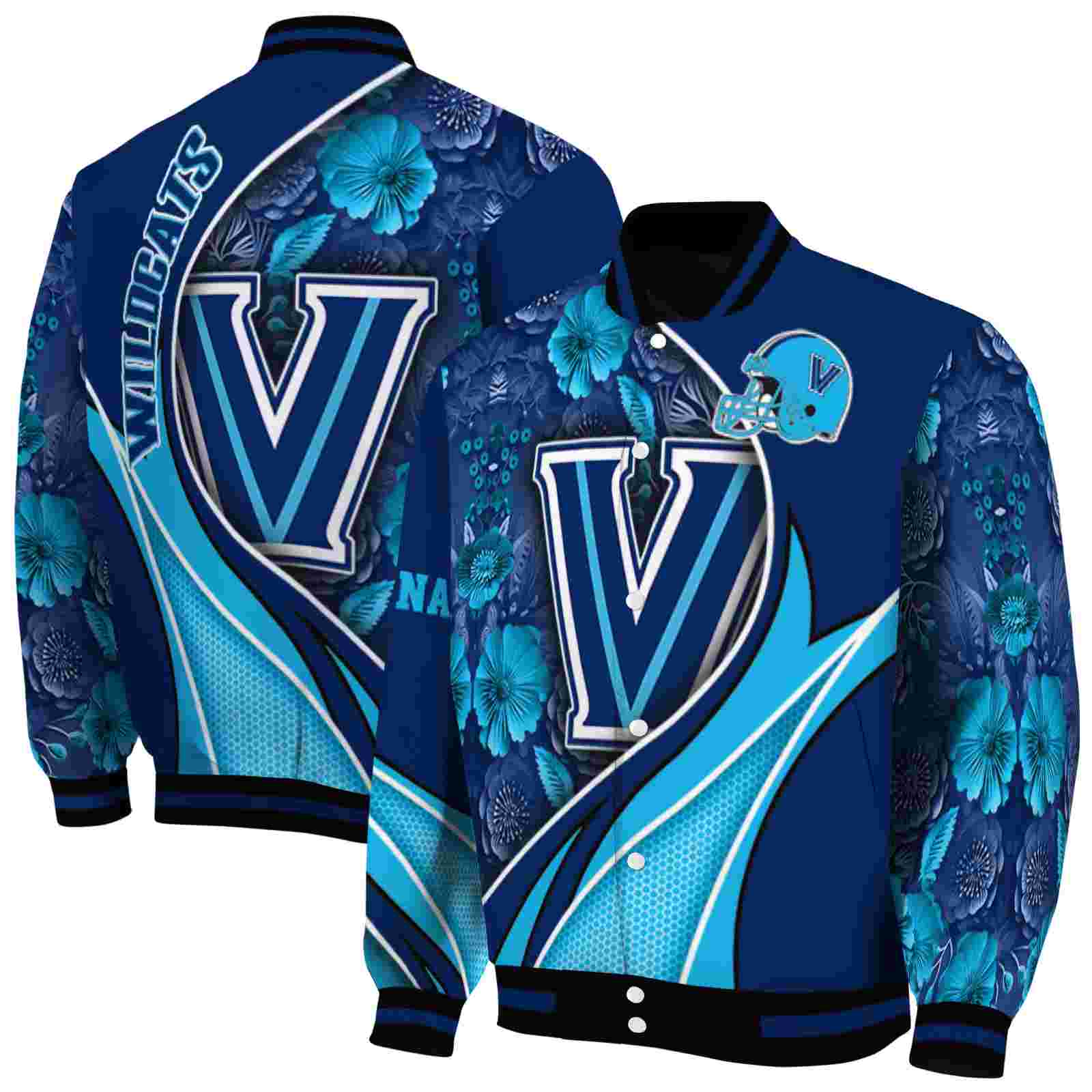 NcaaCustomized Villanova Wildcats Floral Print Navy Custom Baseball Jacket Sport Fans Gear