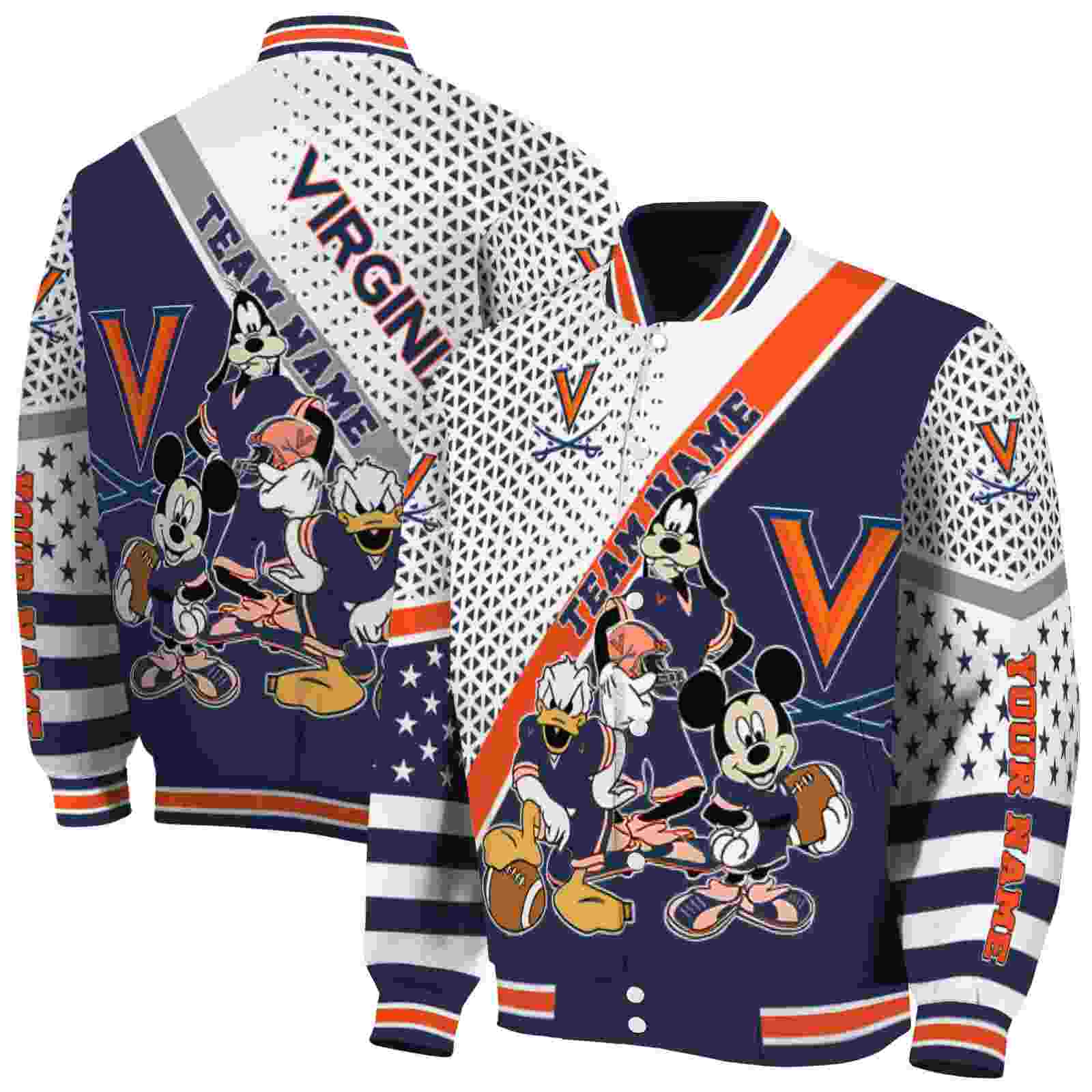 NcaaCustomized Virginia Cavaliers Mickey Donald Goofy Blue White Custom Baseball Jacket Sport Fans Gear