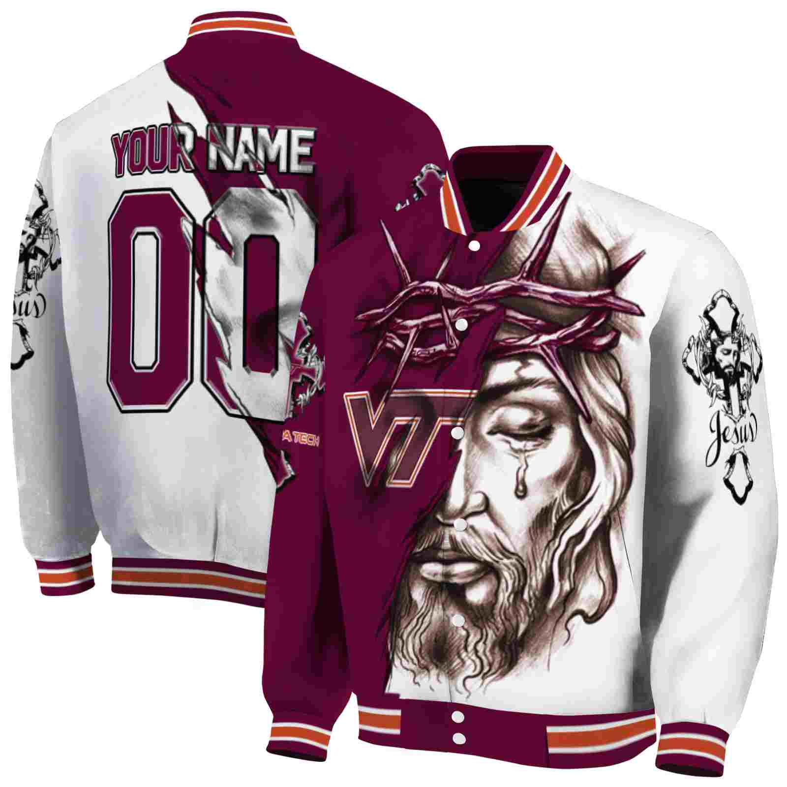 NcaaCustomized Virginia Tech Hokies Jesus Tears Maroon White Custom Baseball Jacket Sport Fans Gear