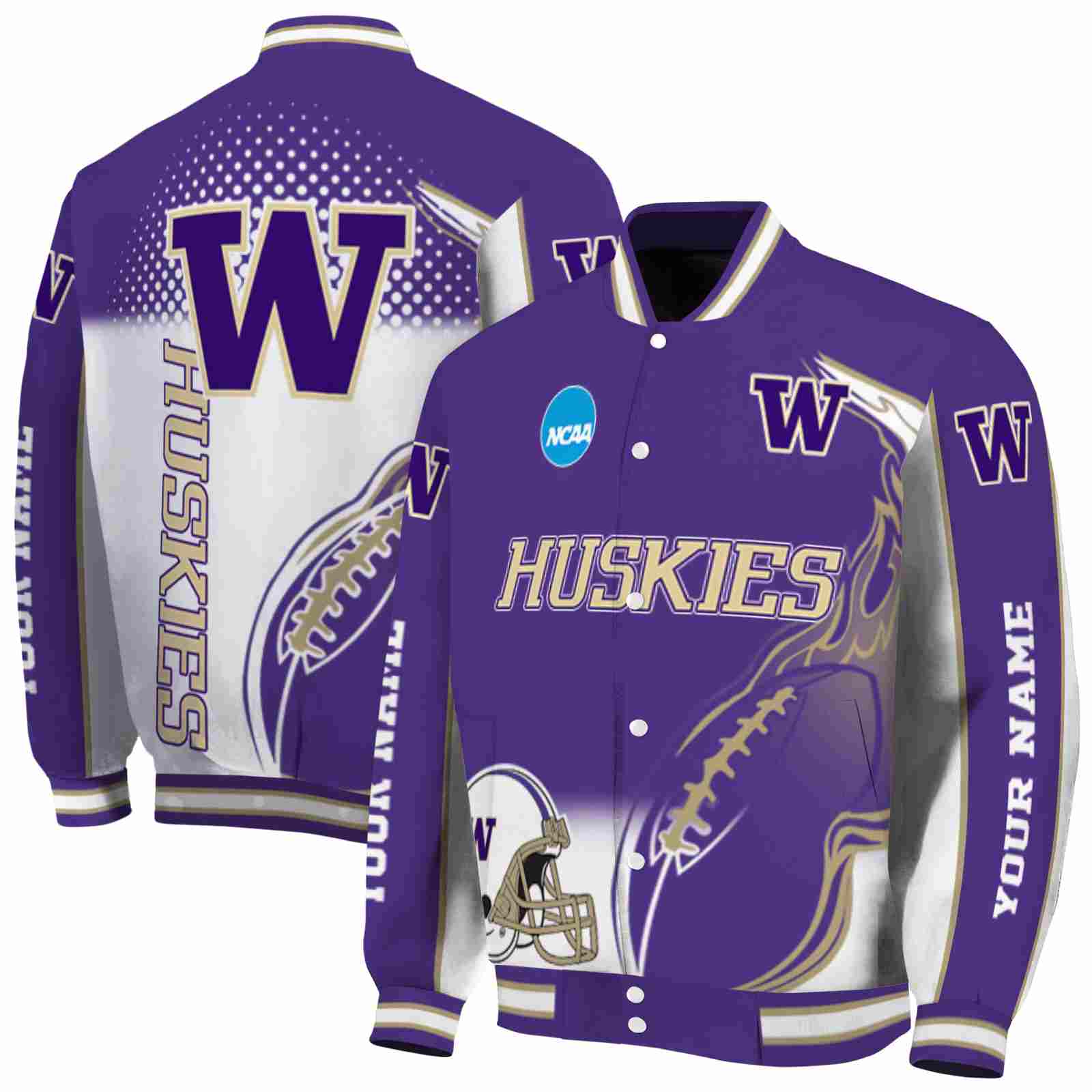 NcaaCustomized Washington Huskies Flaming Football Purple White Custom Baseball Jacket Sport Fans Gear