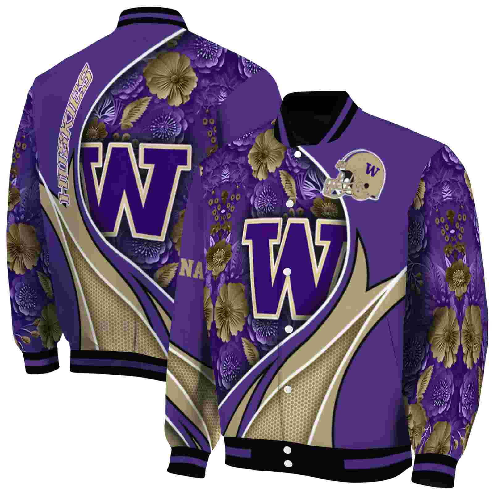 NcaaCustomized Washington Huskies Floral Print Purple Custom Baseball Jacket Sport Fans Gear