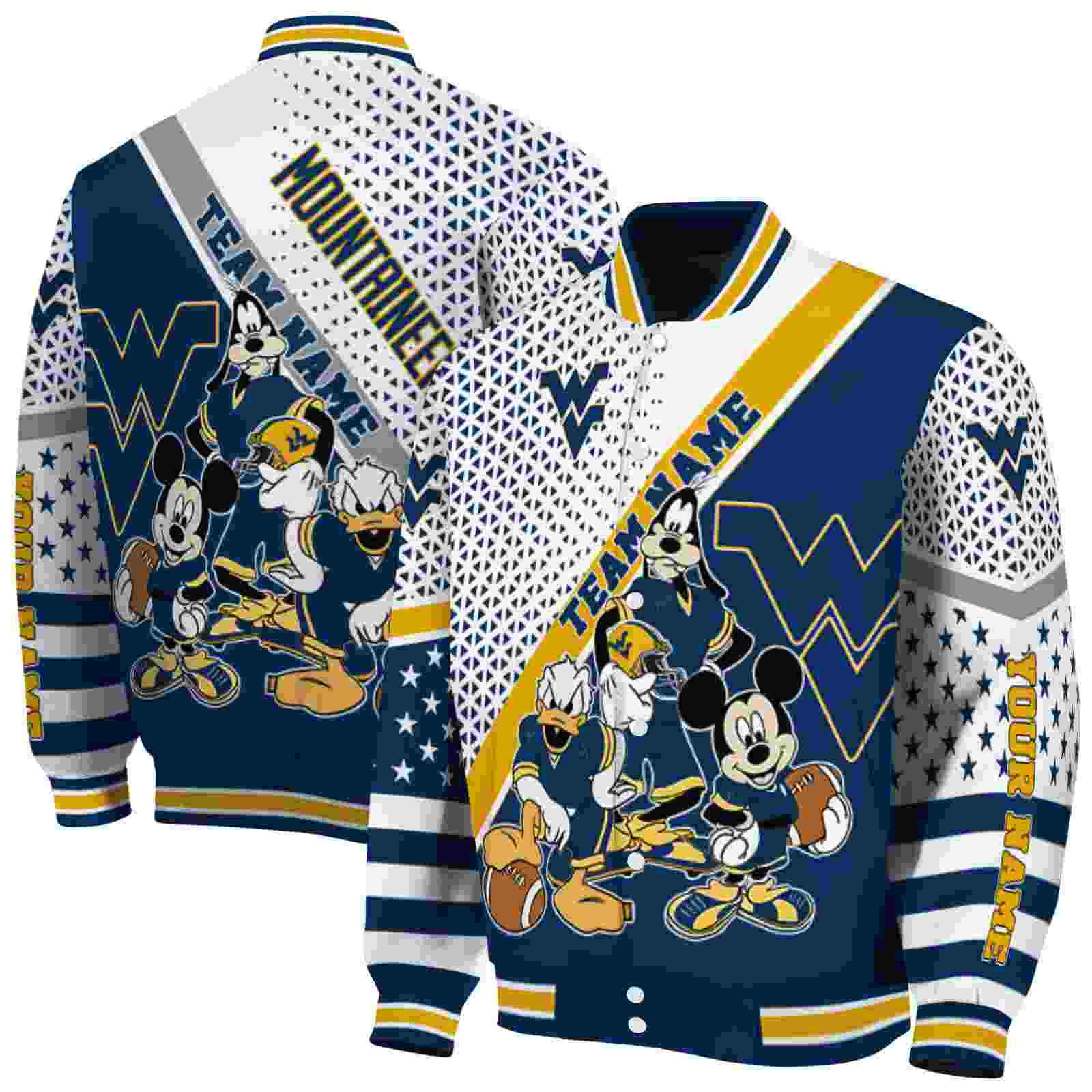 NcaaCustomized West Virginia Mountaineers Mickey Donald Goofy Blue White Custom Baseball Jacket Sport Fans Gear