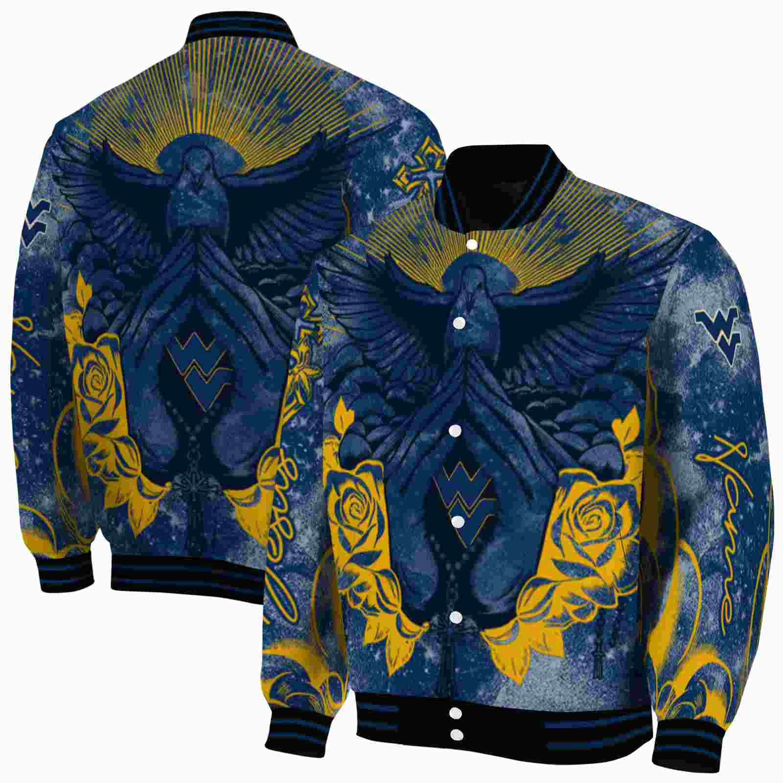 NcaaCustomized West Virginia Mountaineers Praying Hands Blue Custom Baseball Jacket Sport Fans Gear