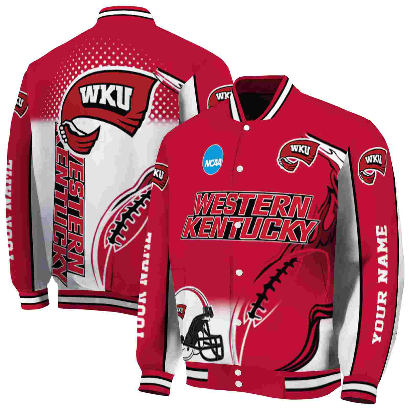 NcaaCustomized Western Kentucky Hilltoppers Flaming Football Red White Custom Baseball Jacket Sport Fans Gear