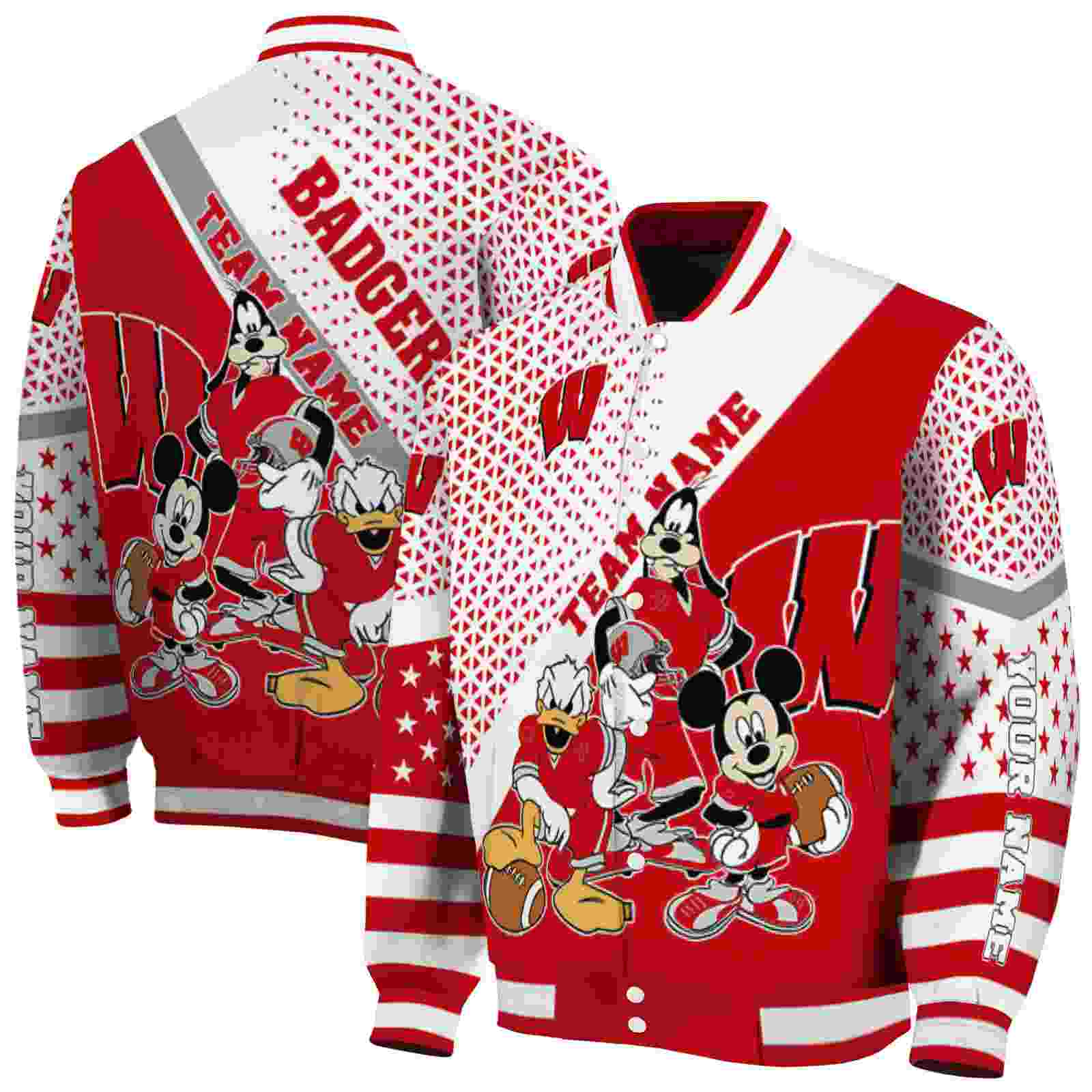 NcaaCustomized Wisconsin Badgers Mickey Donald Goofy Red White Custom Baseball Jacket Sport Fans Gear