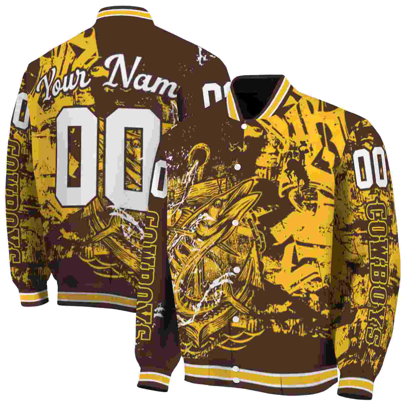 NcaaCustomized Wyoming Cowboys Fishing Art Brown Custom Baseball Jacket Sport Fans Gear