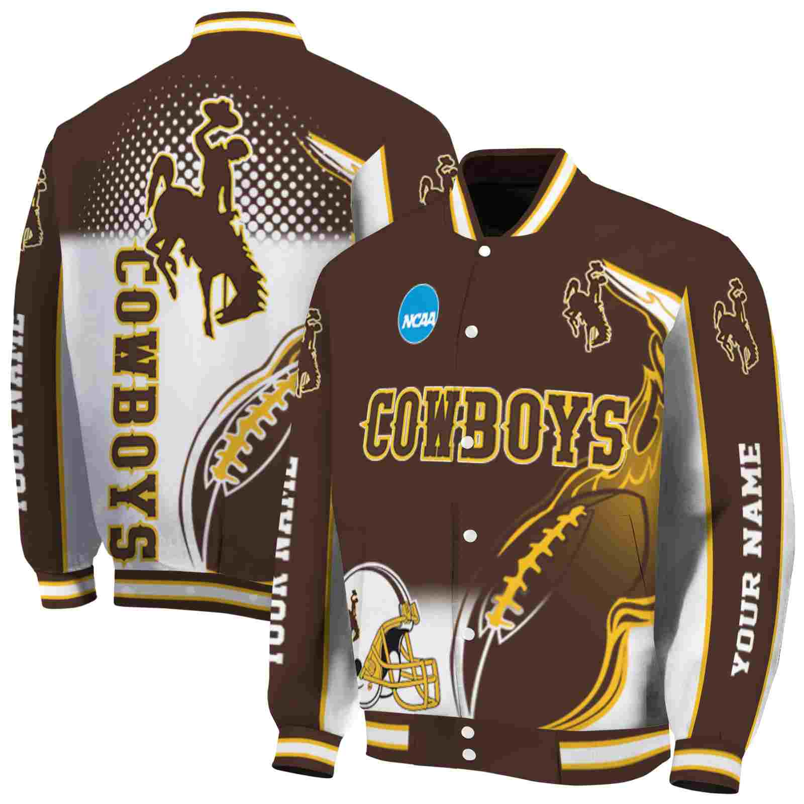 NcaaCustomized Wyoming Cowboys Flaming Football Brown White Custom Baseball Jacket Sport Fans Gear