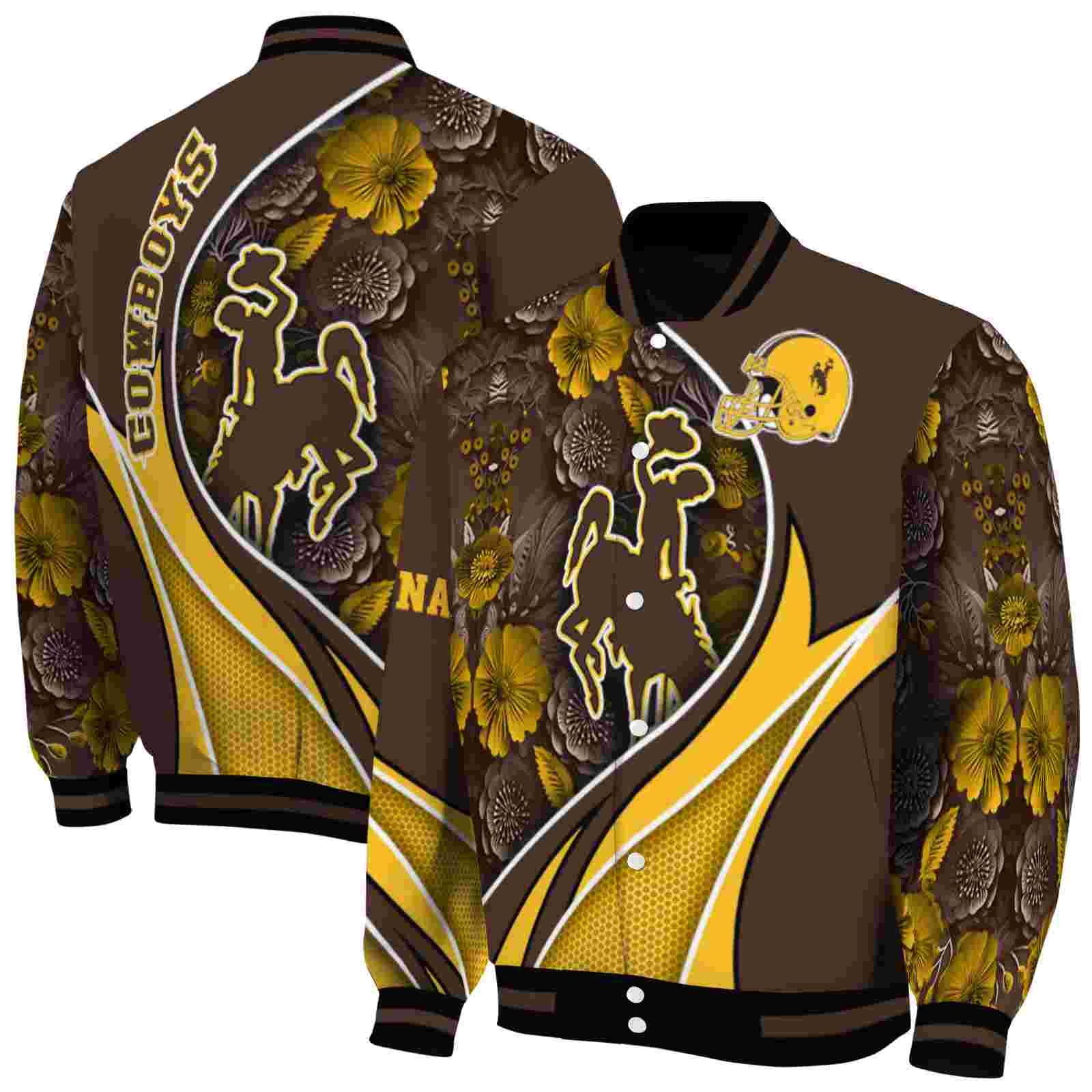 NcaaCustomized Wyoming Cowboys Floral Print Brown Custom Baseball Jacket Sport Fans Gear