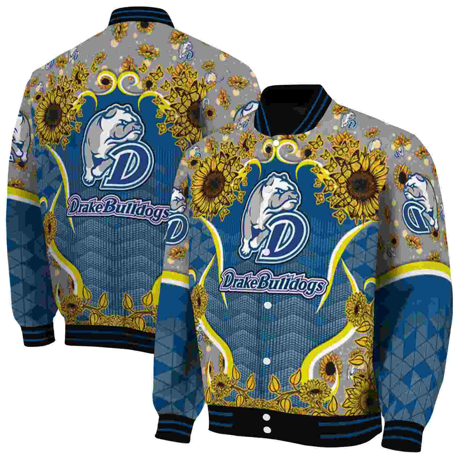 NcaaDrake Bulldogs SuNFL ower Bloom Blue Yellow Custom Baseball Jacket Sport Fans Gear