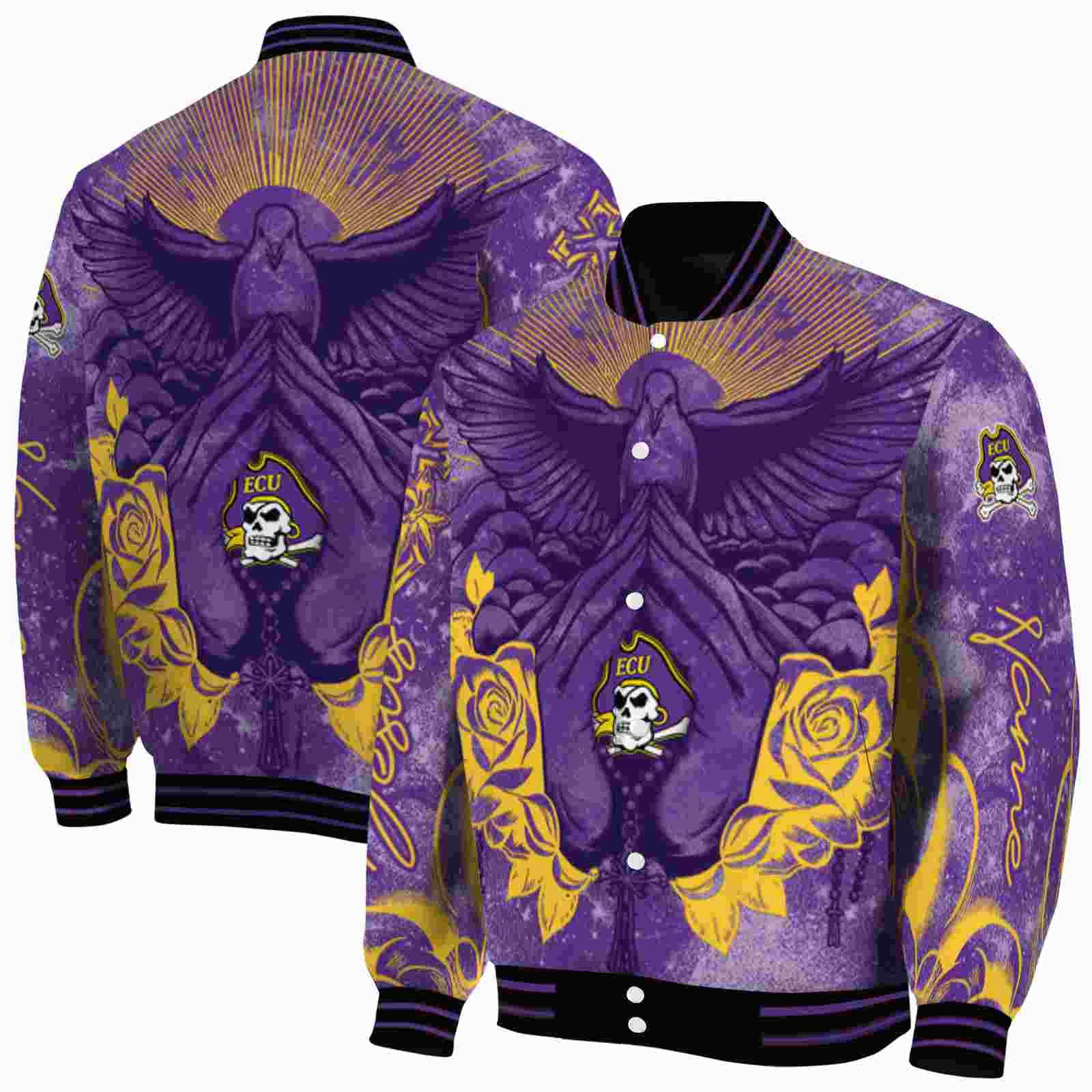 NcaaEast Carolina Pirates Praying Hands Purple Custom Baseball Jacket Sport Fans Gear