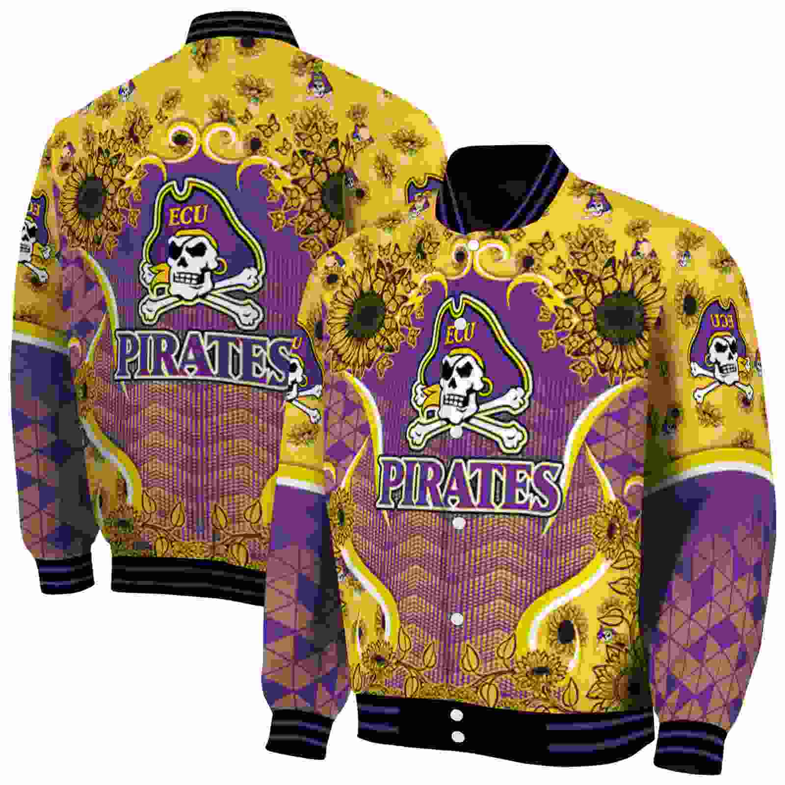 NcaaEast Carolina Pirates SuNFL ower Bloom Purple Yellow Custom Baseball Jacket Sport Fans Gear