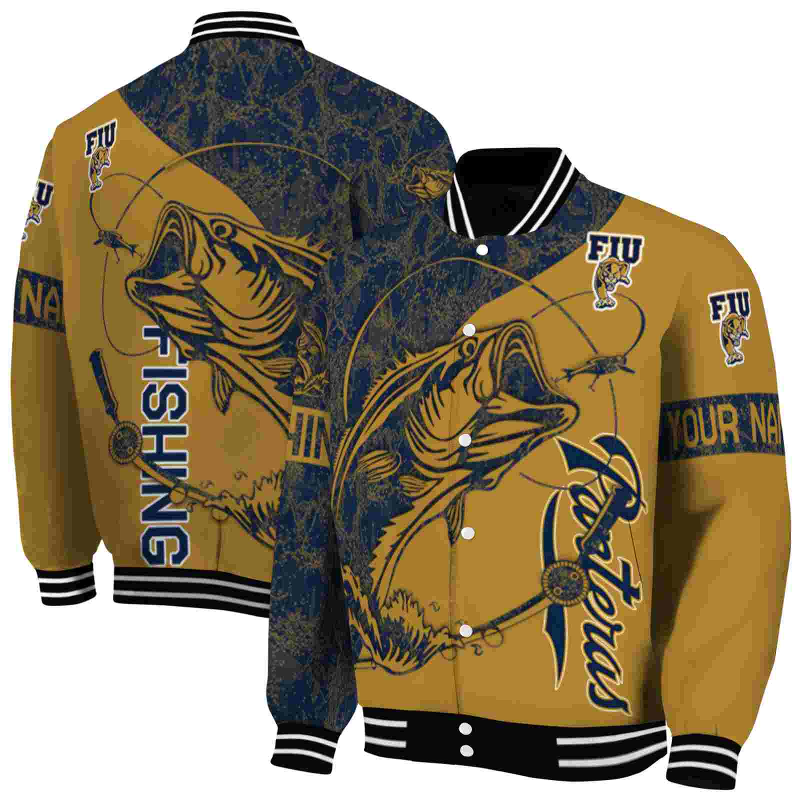 NcaaFIU Panthers Fishing Rod Gold Custom Baseball Jacket Sport Fans Gear