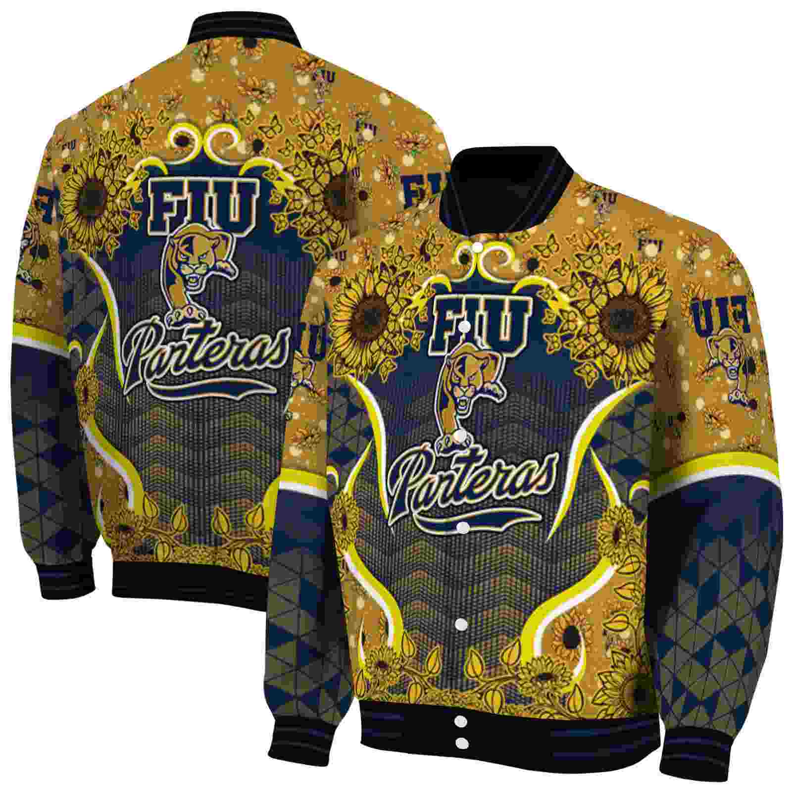 NcaaFIU Panthers SuNFL ower Bloom Blue Yellow Custom Baseball Jacket Sport Fans Gear