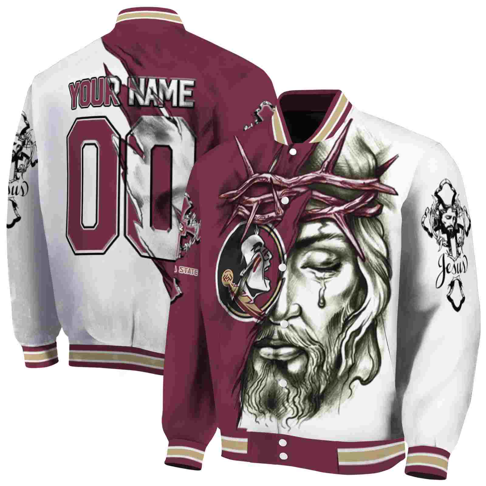 NcaaFlorida State Seminoles Jesus Tears Garnet White Custom Baseball Jacket Sport Fans Gear
