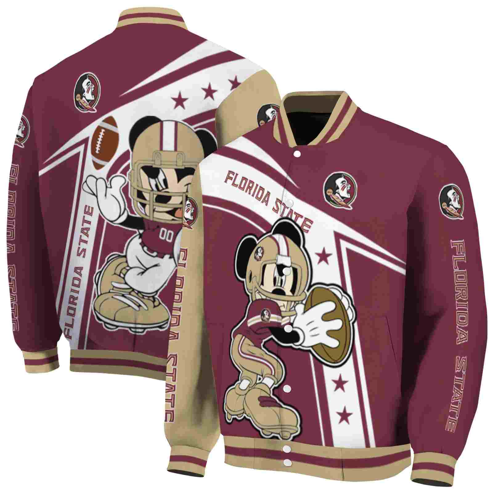 NcaaFlorida State Seminoles Mickey Football Garnet White Custom Baseball Jacket Sport Fans Gear