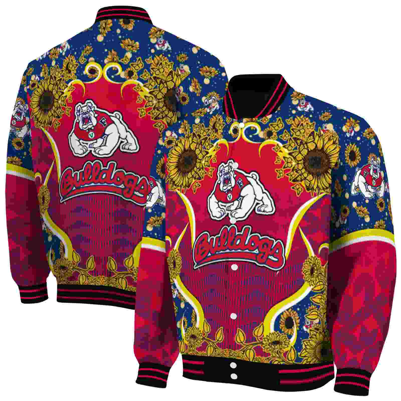 NcaaFresno State Bulldogs SuNFL ower Bloom Red Yellow Custom Baseball Jacket Sport Fans Gear