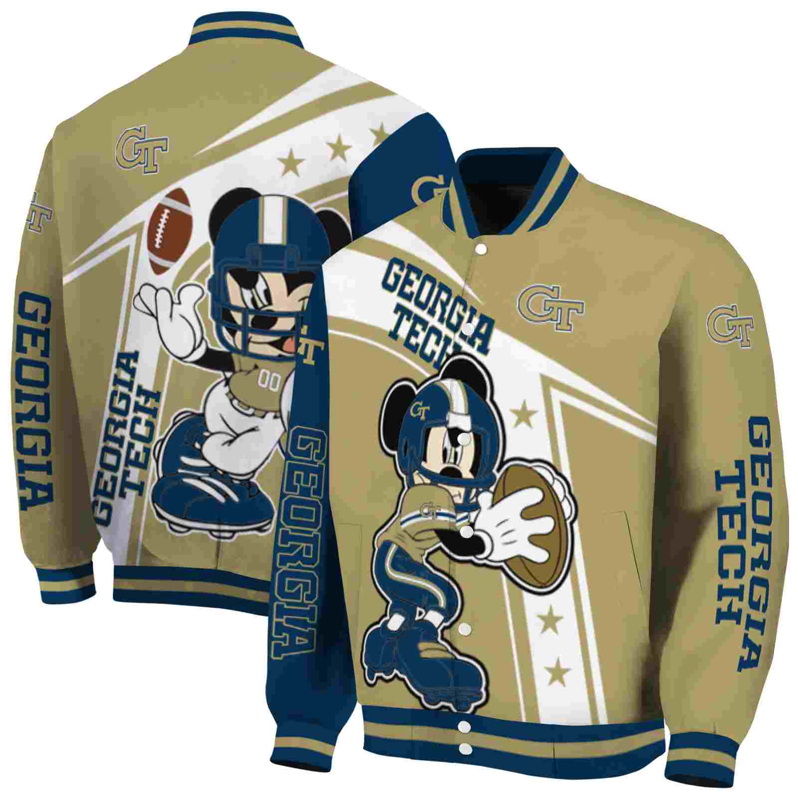 NcaaGeorgia Tech Yellow Custom Baseball Jacket Sport Fans Gears Mickey Football Gold White Custom Baseball Jacket Sport Fans Gear