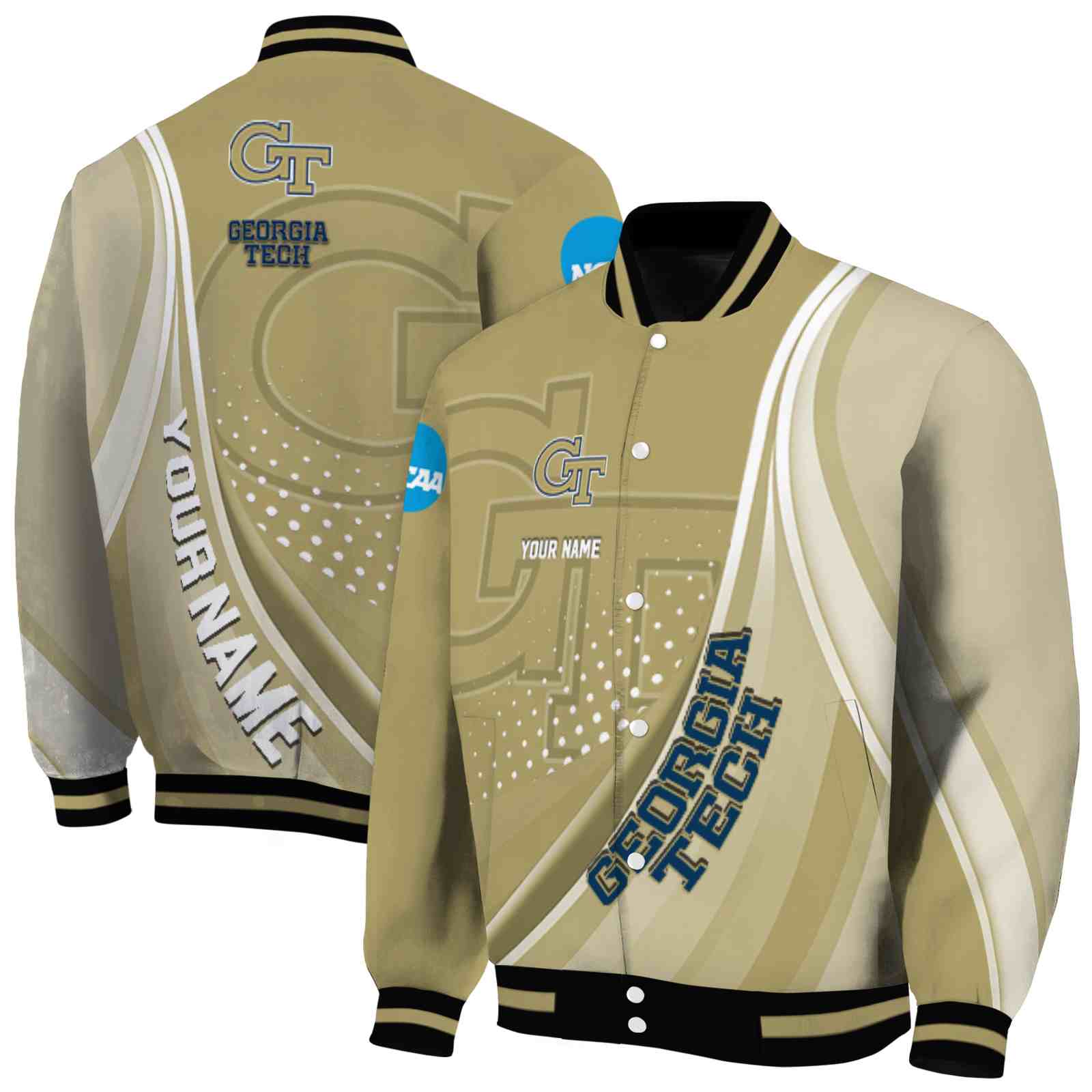 NcaaGeorgia Tech Yellow Custom Baseball Jacket Sport Fans Gears Wave Patterns Gold Custom Baseball Jacket Sport Fans Gear