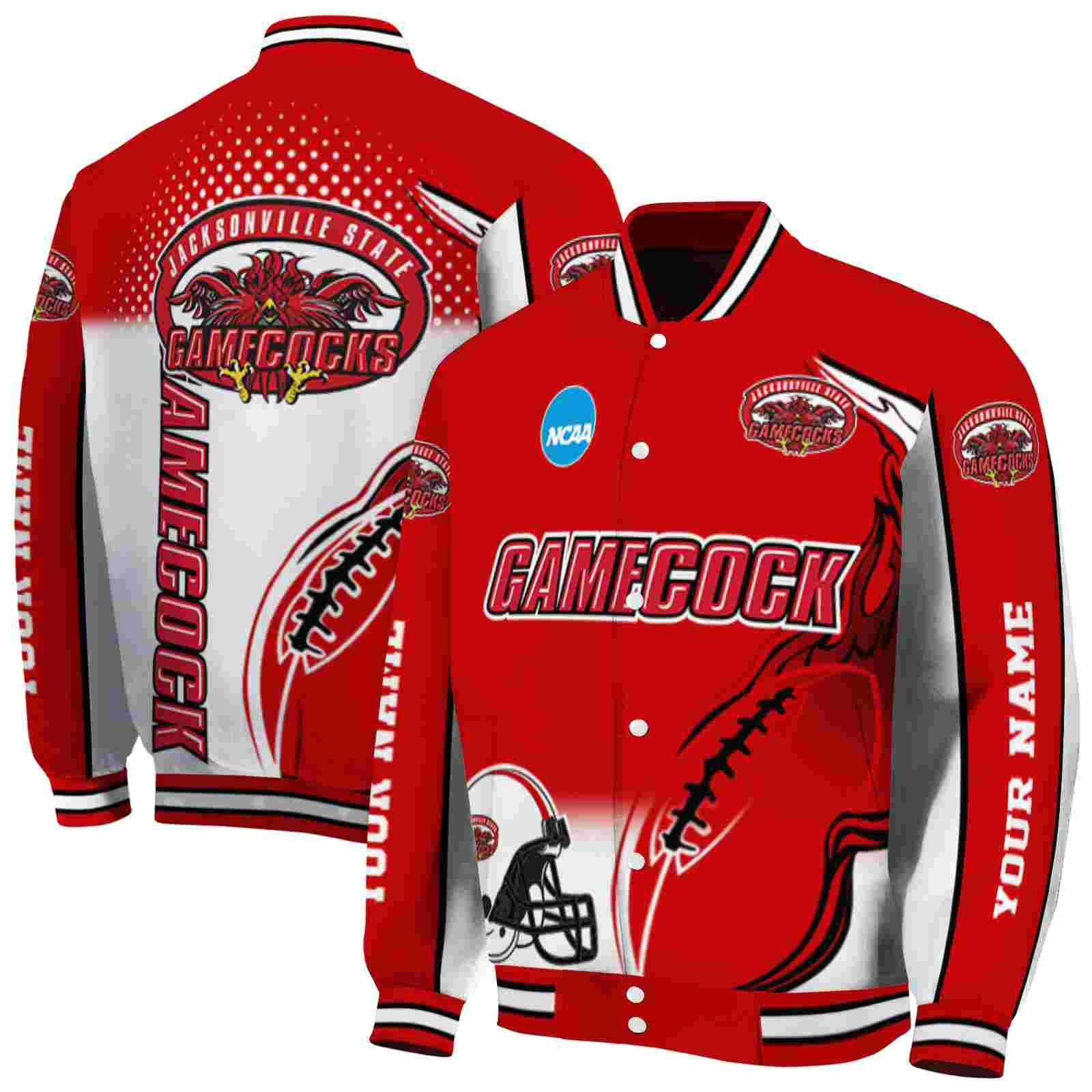 NcaaJacksonville State Gamecocks Flaming Football Red White Custom Baseball Jacket Sport Fans Gear