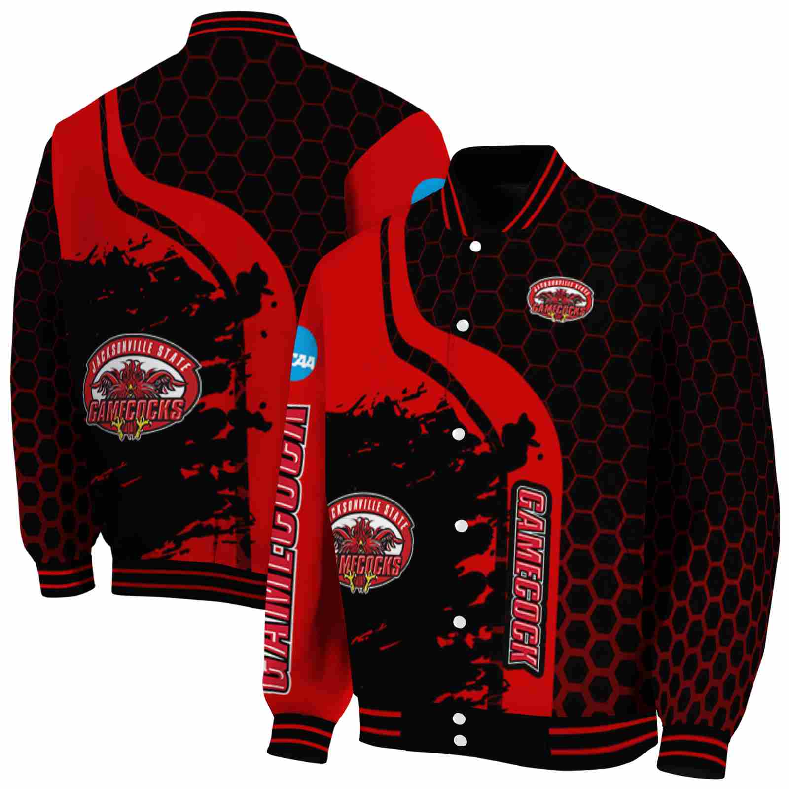 NcaaJacksonville State Gamecocks Hexagonal Pattern Red Black Custom Baseball Jacket Sport Fans Gear