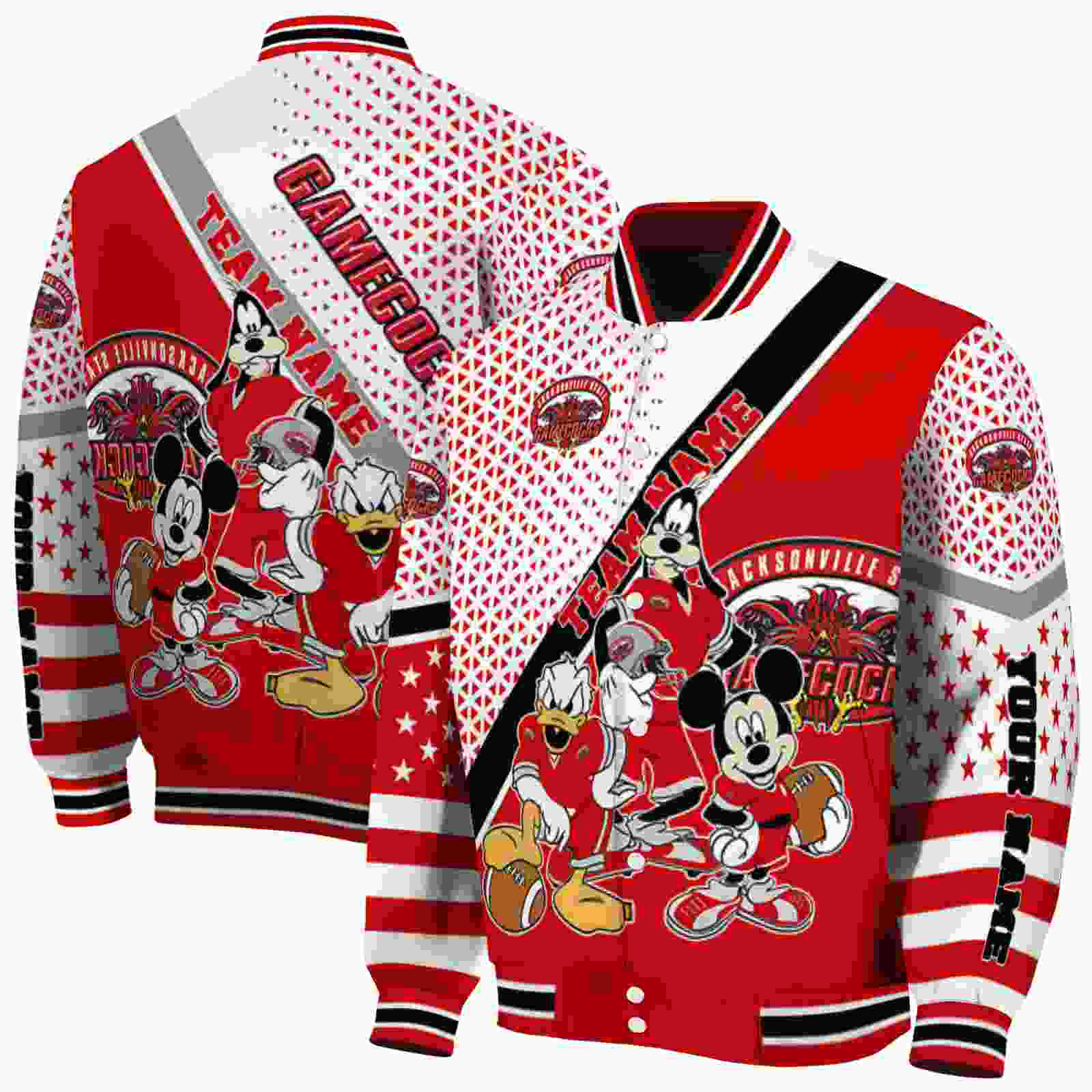 NcaaJacksonville State Gamecocks Mickey Donald Goofy Red White Custom Baseball Jacket Sport Fans Gear