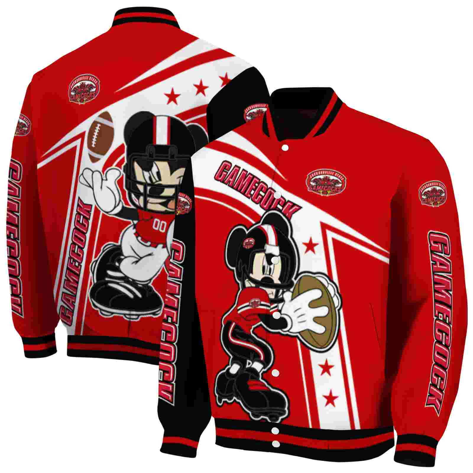 NcaaJacksonville State Gamecocks Mickey Football Red White Custom Baseball Jacket Sport Fans Gear