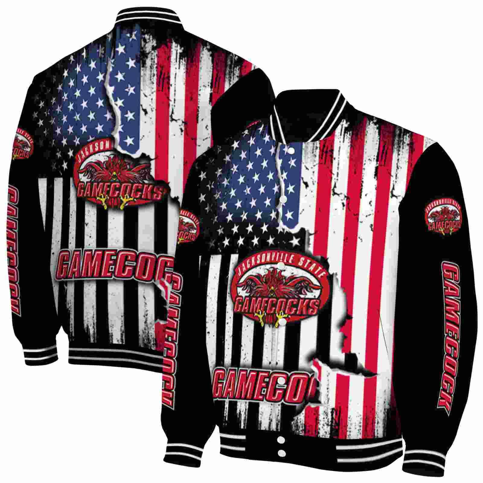 NcaaJacksonville State Gamecocks Patriotic Theme Black Custom Baseball Jacket Sport Fans Gear