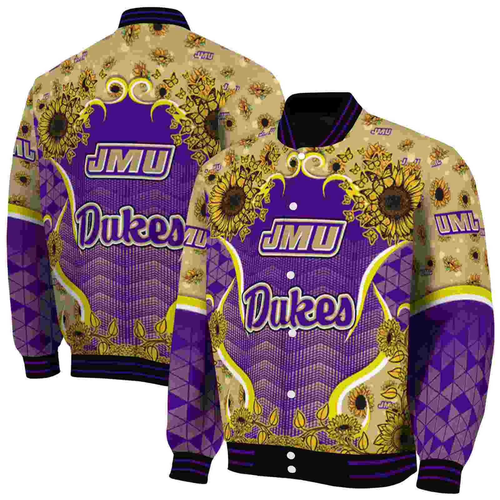 NcaaJames Madison Dukes SuNFL ower Bloom Purple Yellow Custom Baseball Jacket Sport Fans Gear