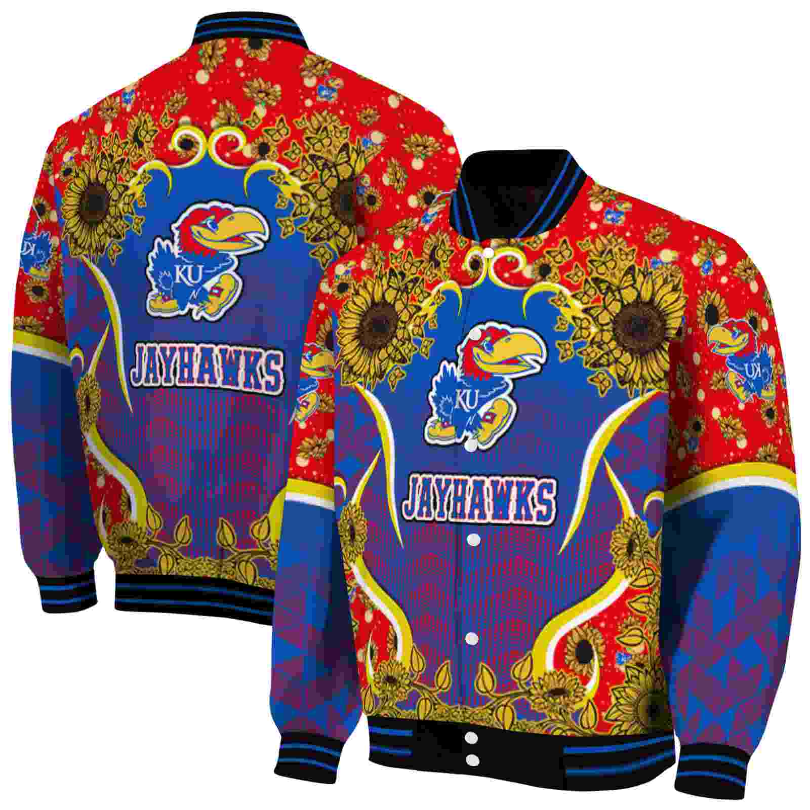 NCAA Kansas Jayhawks Sunflower Bloom Blue Yellow Custom Baseball Jacket Sport