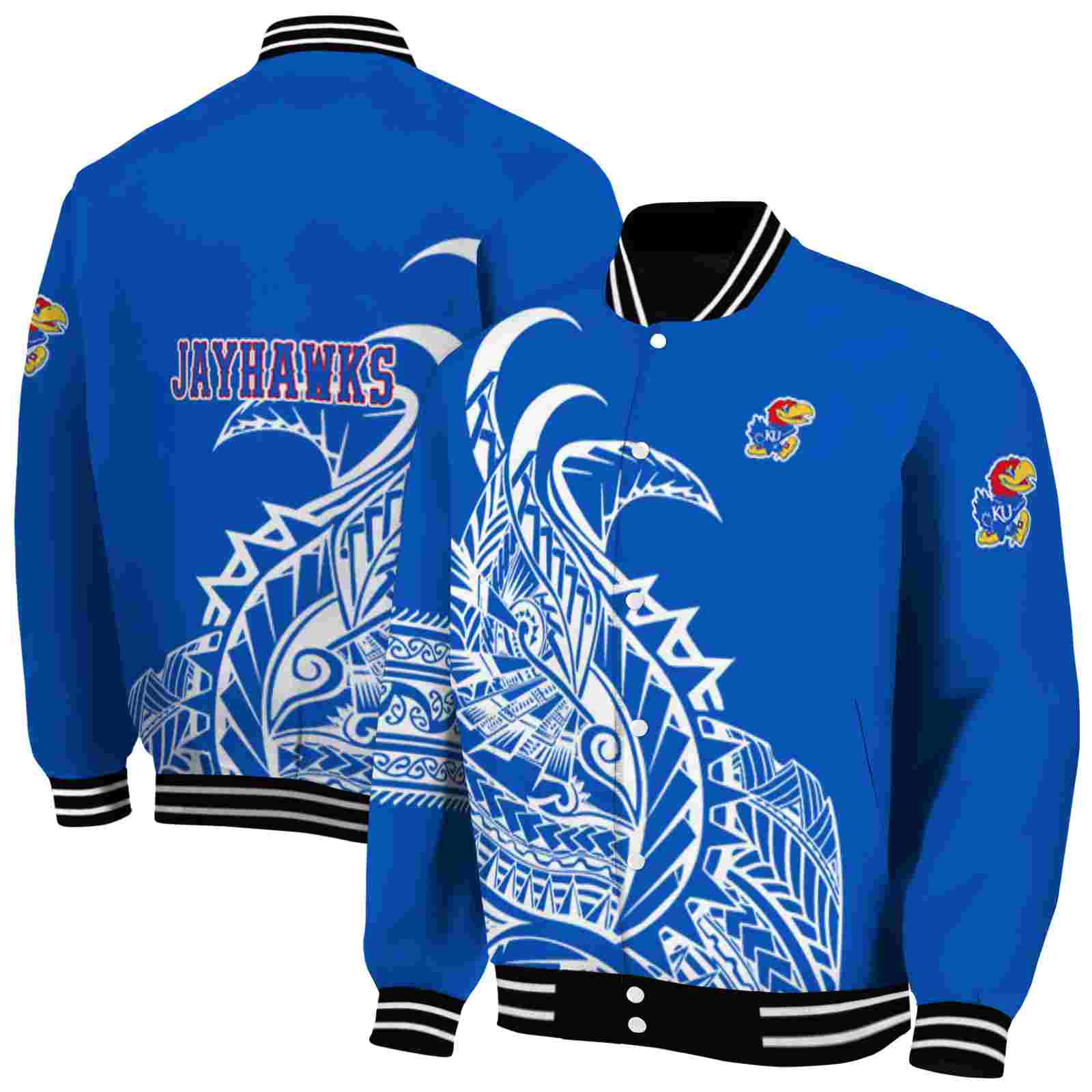 NCAA Kansas Jayhawks Tribal Art Blue White Black Custom Baseball Jacket Sport