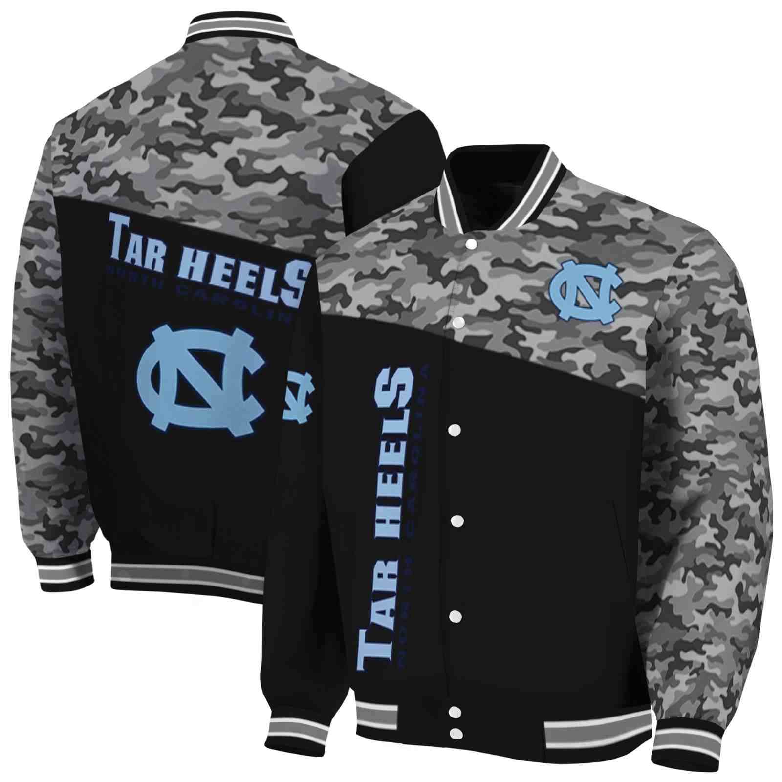 NcaaNorth Carolina Tar Heels Camo Patchwork Black Custom Baseball Jacket Sport Fans Gear