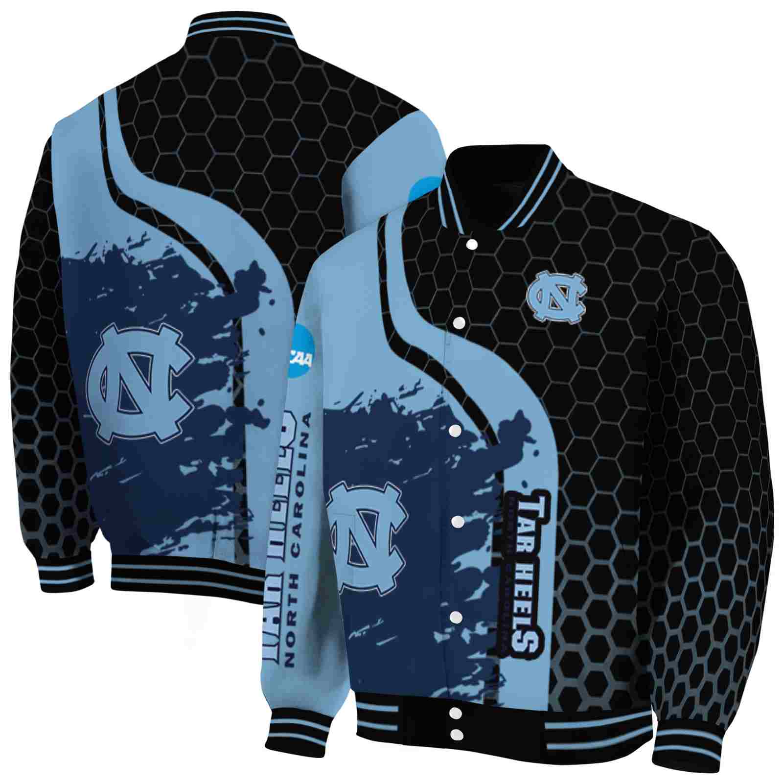 NcaaNorth Carolina Tar Heels Hexagonal Pattern Light Blue Black Custom Baseball Jacket Sport Fans Gear
