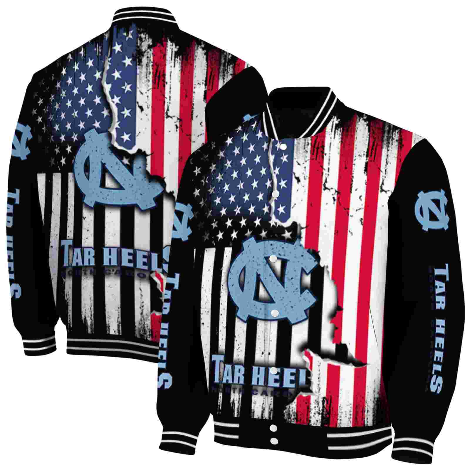 NcaaNorth Carolina Tar Heels Patriotic Theme Black Custom Baseball Jacket Sport Fans Gear