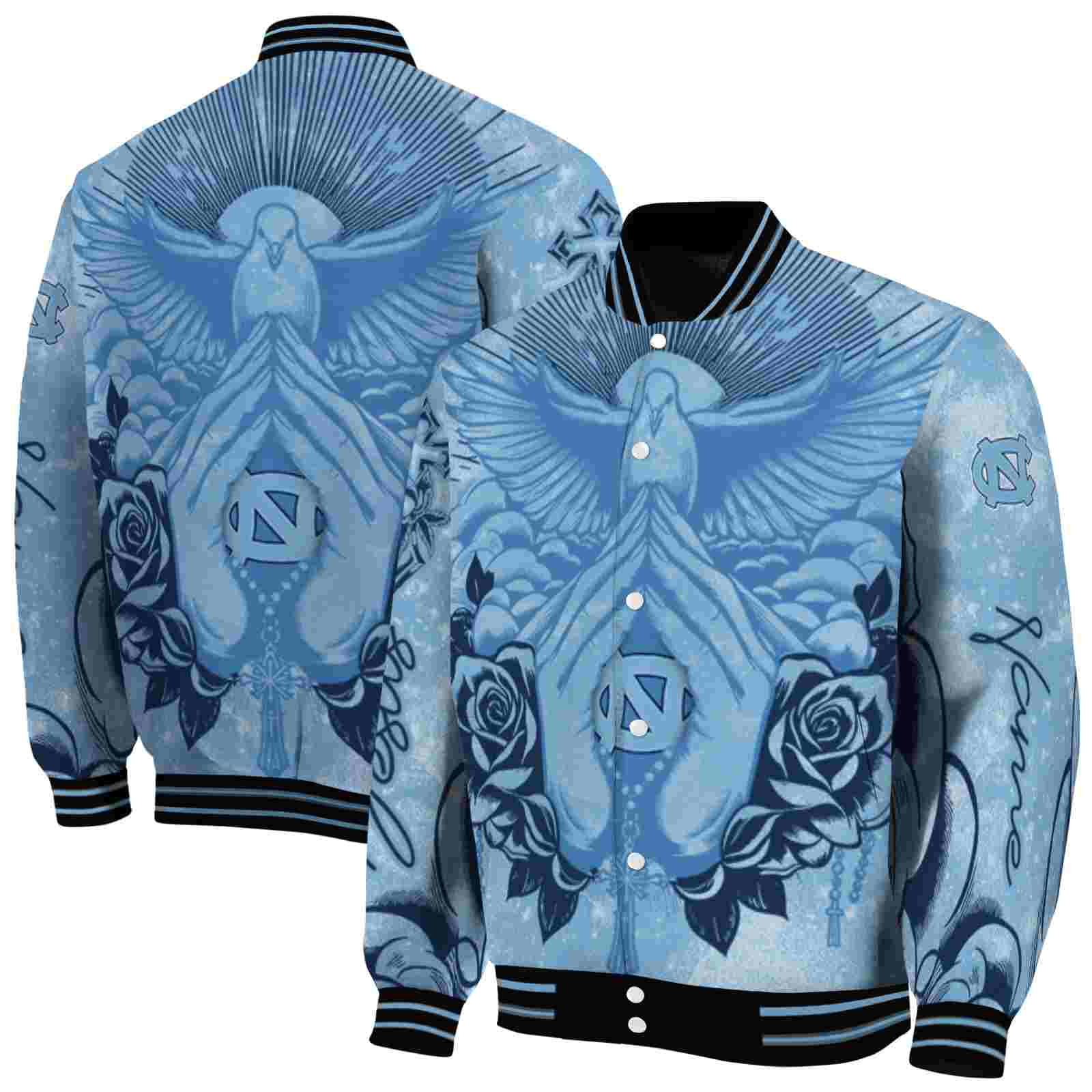 NcaaNorth Carolina Tar Heels Praying Hands Light Blue Custom Baseball Jacket Sport Fans Gear