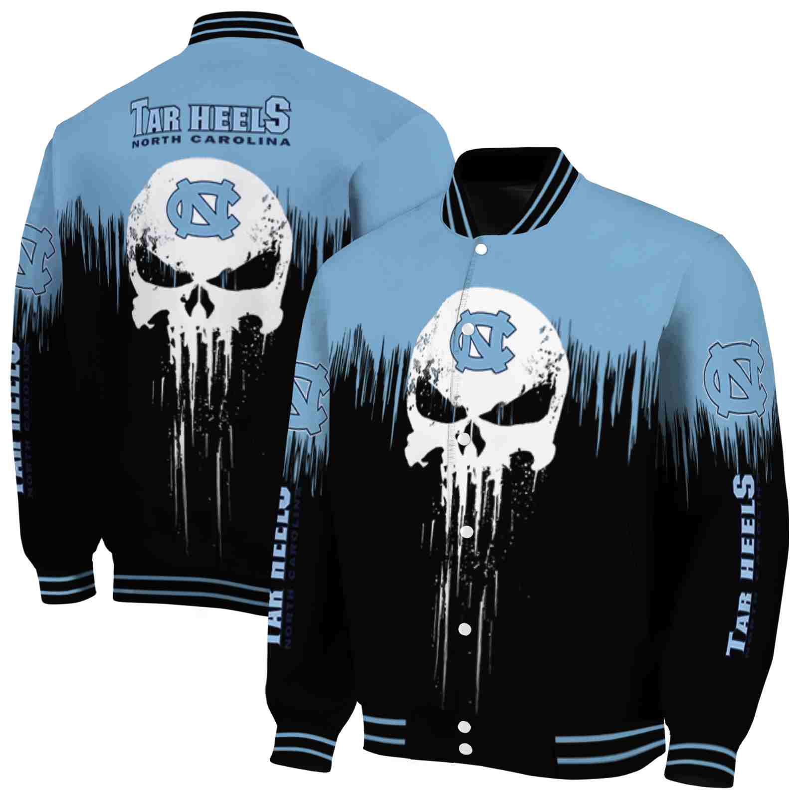 NcaaNorth Carolina Tar Heels Punisher Skull Light Blue Black White Custom Baseball Jacket Sport Fans Gear